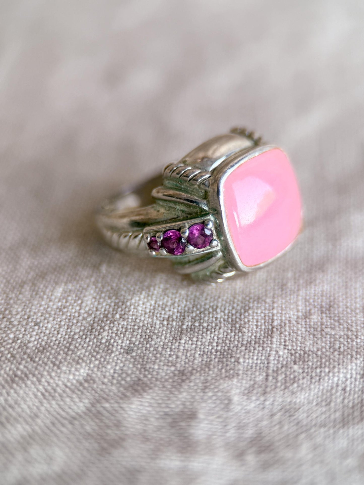 Vintage Judith Ripka Sterling Silver Pink Gemstone Statement Ring - Cabachon Gemstone Elegant Cocktail Jewelry