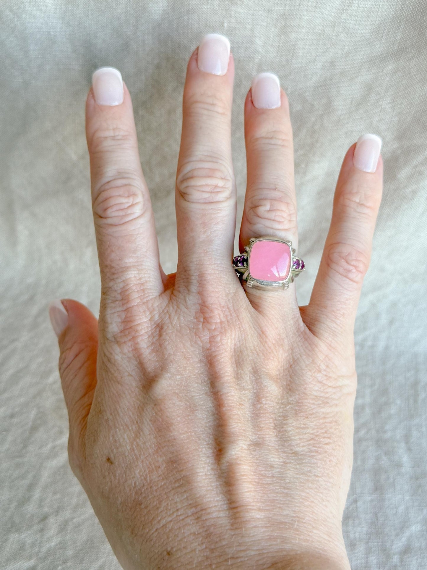 Vintage Judith Ripka Sterling Silver Pink Gemstone Statement Ring - Cabachon Gemstone Elegant Cocktail Jewelry