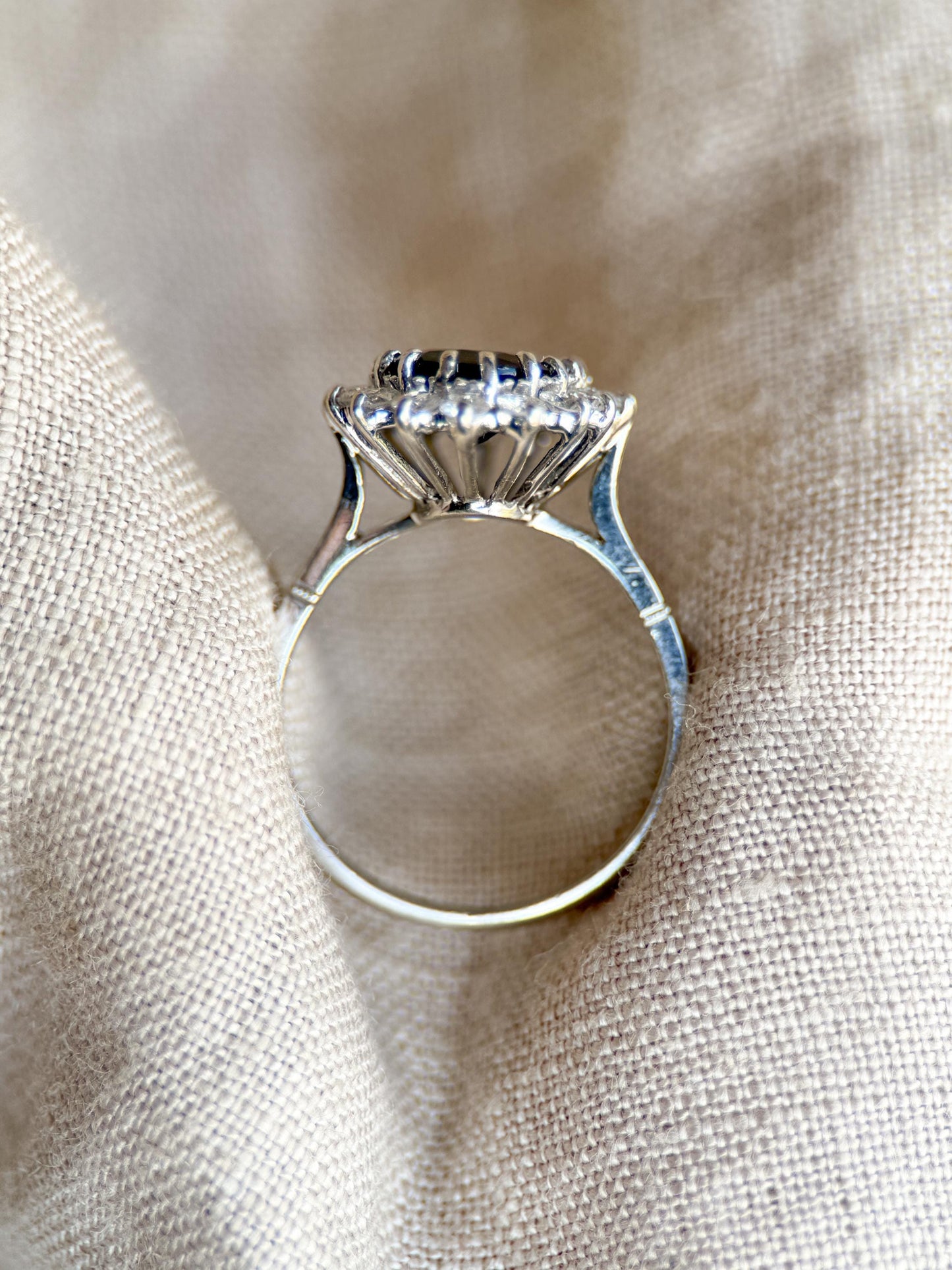 Vintage Sapphire Diamond Halo Gemstone Ring in Platinum, Retro Jewelry from the 1960s