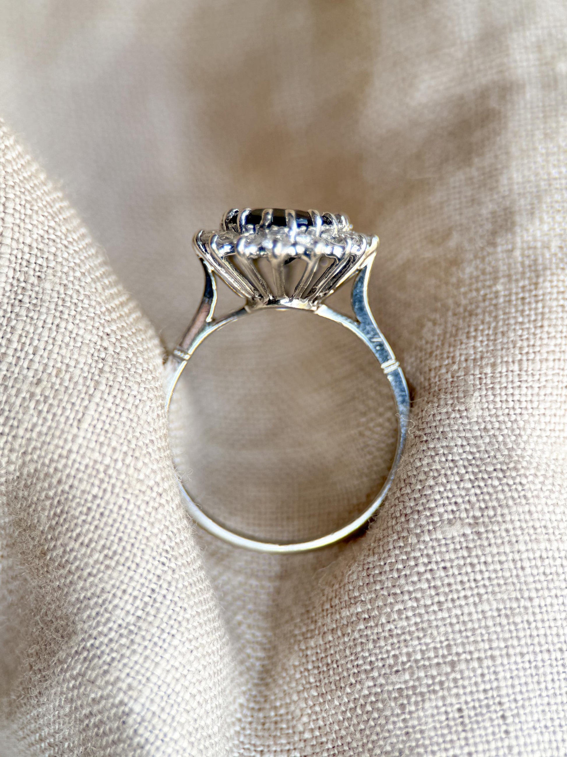Vintage Sapphire Diamond Halo Gemstone Ring in Platinum, Retro Jewelry from the 1960s