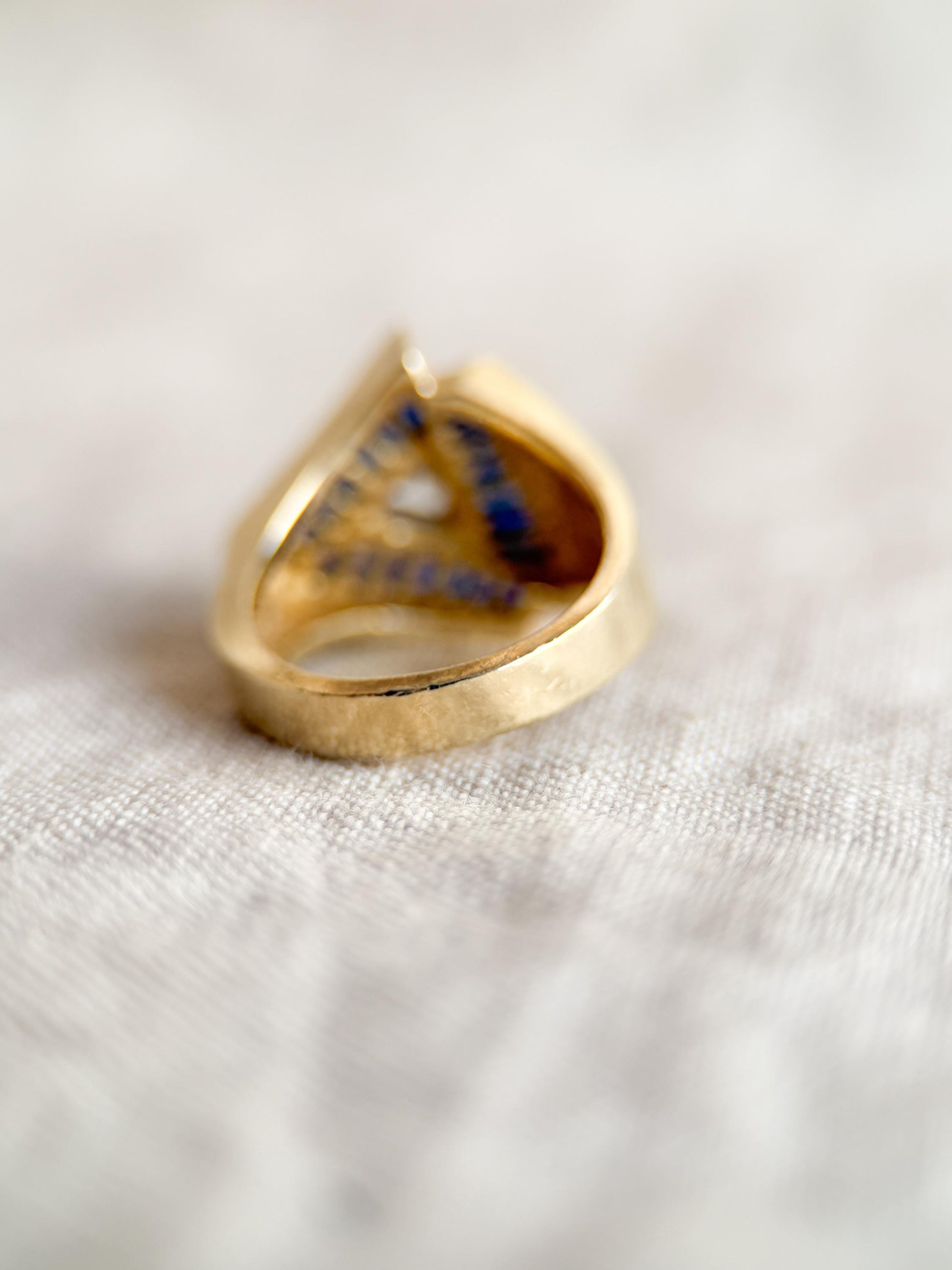 Vintage Unique Trillion Cut Diamond and Sapphire Halo Ring in 14k Gold, Retro Jewelry from the 1970s