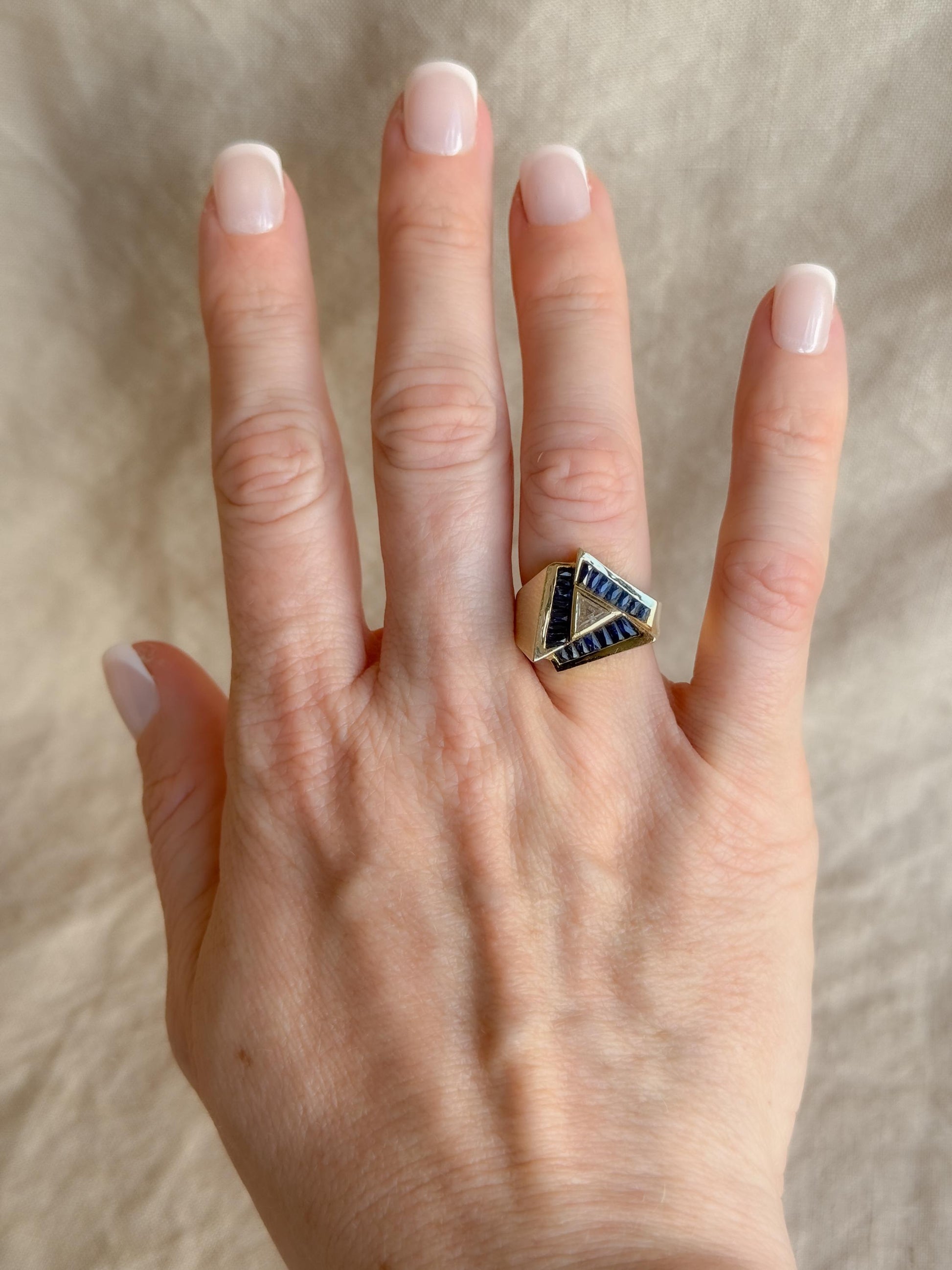 Vintage Unique Trillion Cut Diamond and Sapphire Halo Ring in 14k Gold, Retro Jewelry from the 1970s