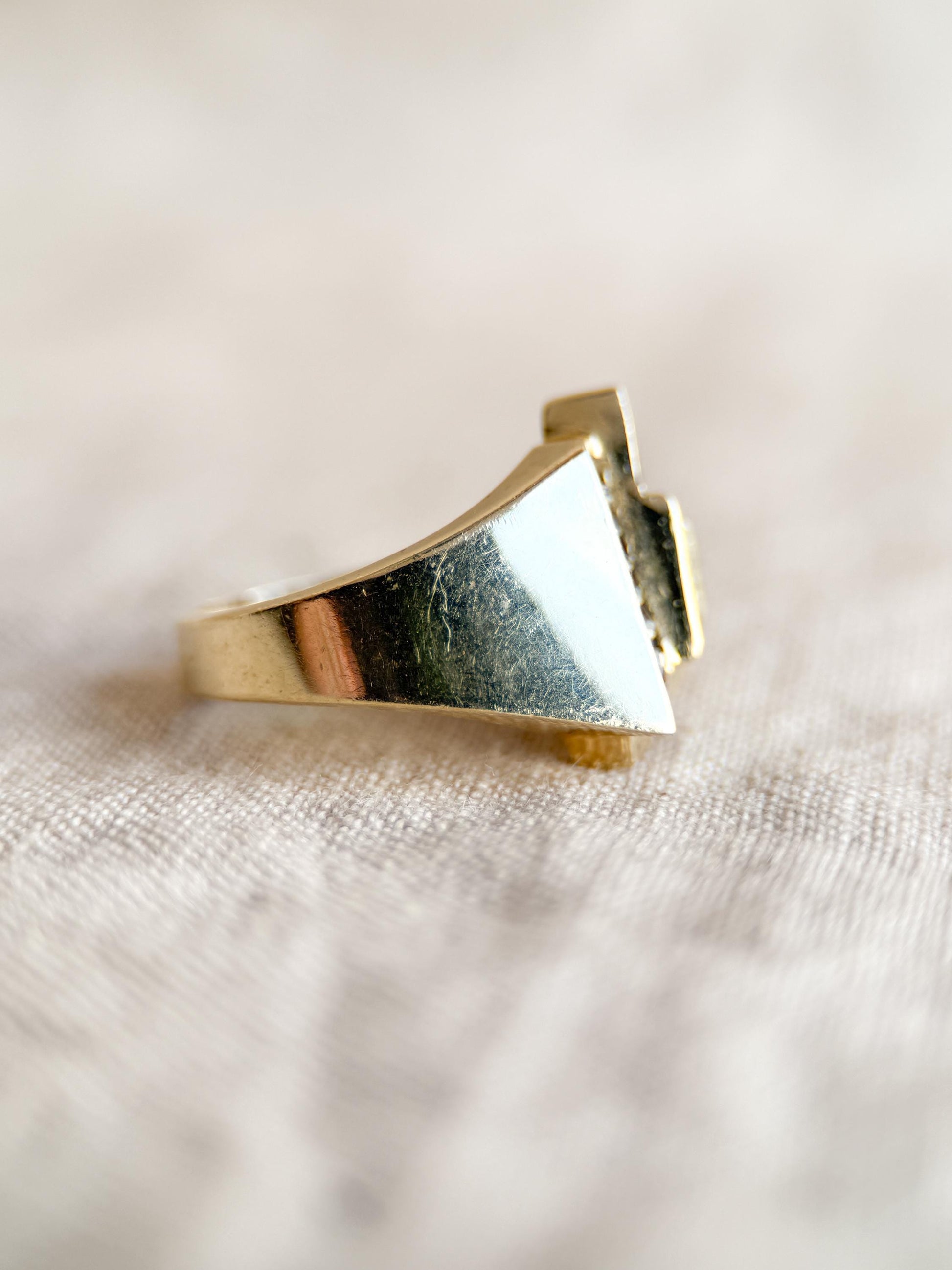 Vintage Unique Trillion Cut Diamond and Sapphire Halo Ring in 14k Gold, Retro Jewelry from the 1970s