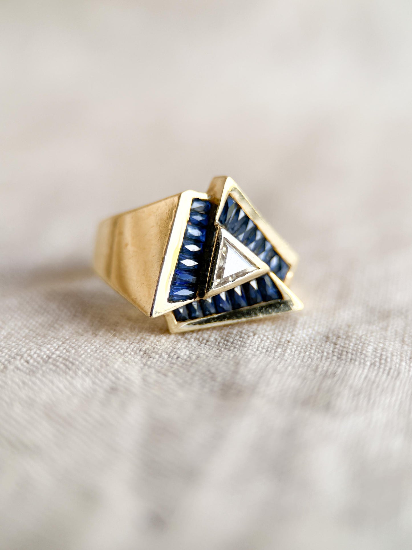 Vintage Unique Trillion Cut Diamond and Sapphire Halo Ring in 14k Gold, Retro Jewelry from the 1970s