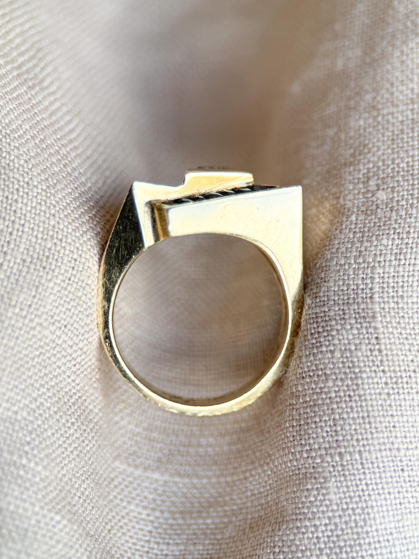 Vintage Unique Trillion Cut Diamond and Sapphire Halo Ring in 14k Gold, Retro Jewelry from the 1970s