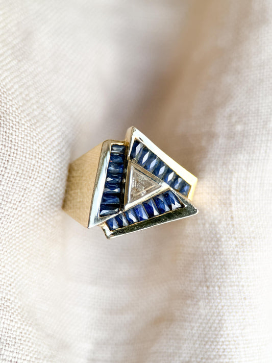 Vintage Unique Trillion Cut Diamond and Sapphire Halo Ring in 14k Gold, Retro Jewelry from the 1970s