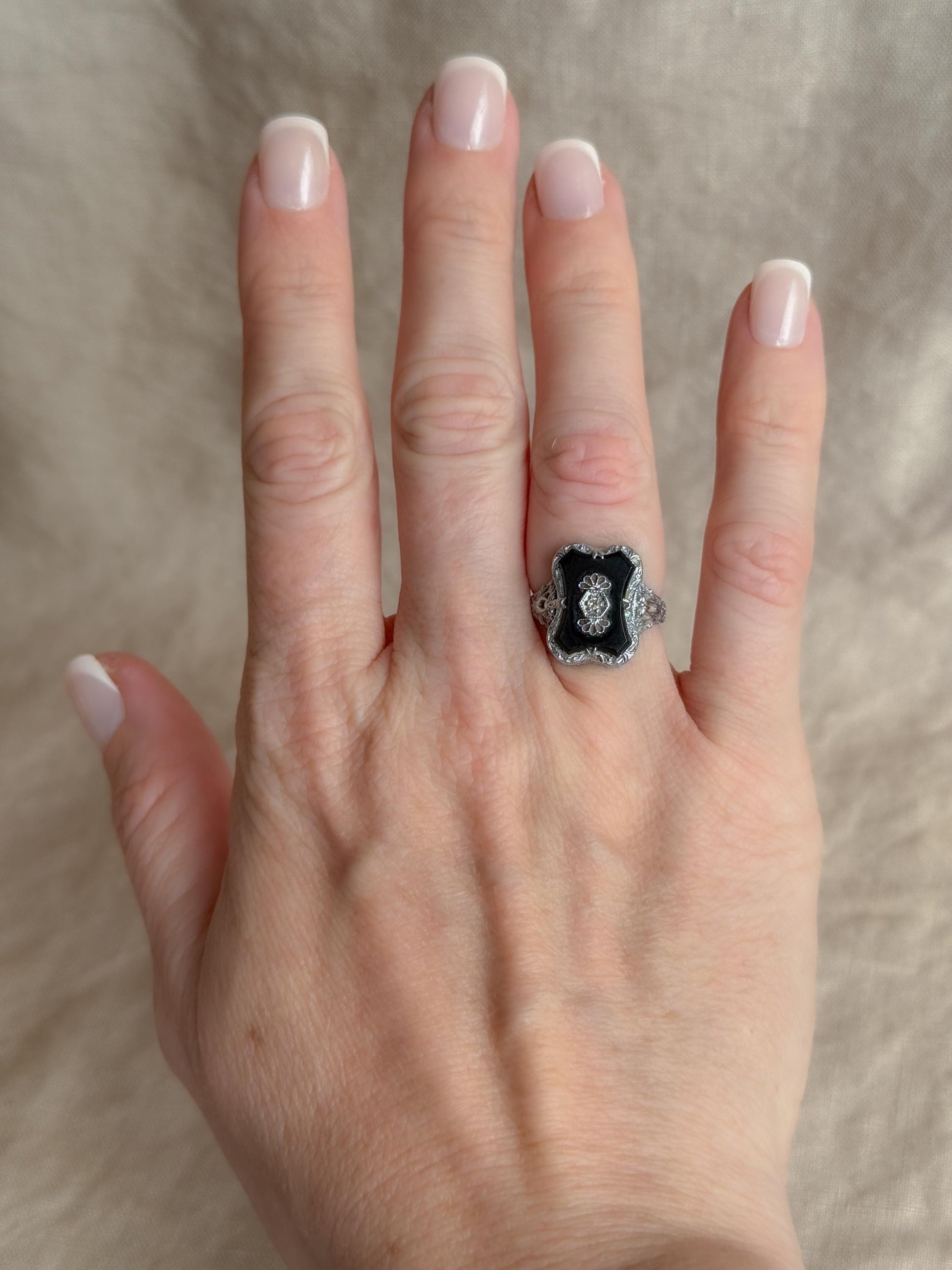 Vintage 14k White Gold Onyx & Diamond Ring: 1940s Antique Jewelry