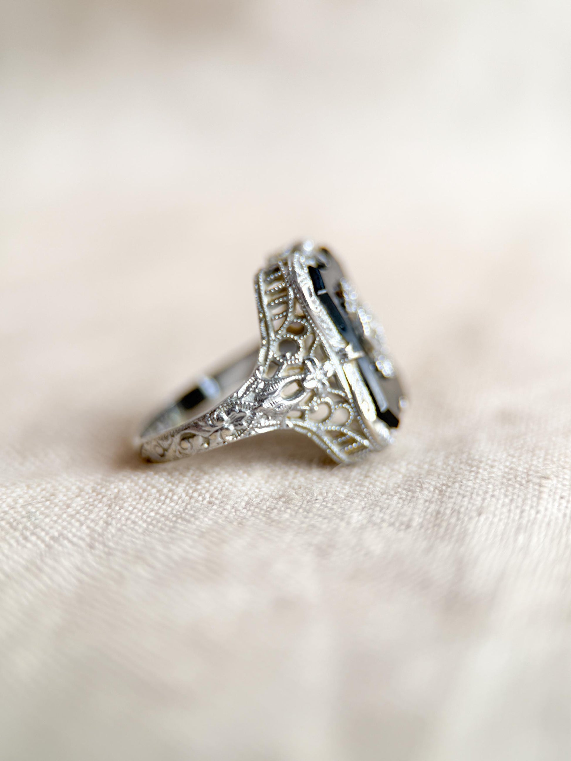 Vintage 14k White Gold Onyx & Diamond Ring: 1940s Antique Jewelry