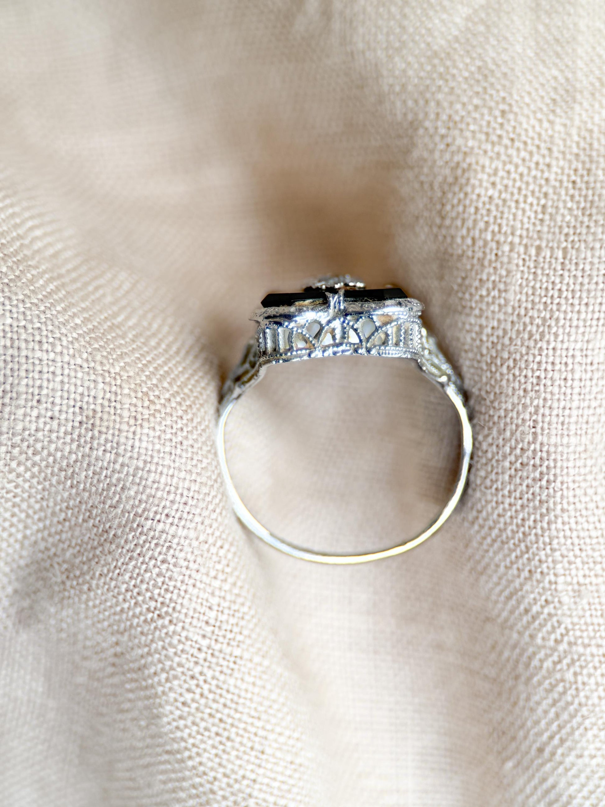 Vintage 14k White Gold Onyx & Diamond Ring: 1940s Antique Jewelry
