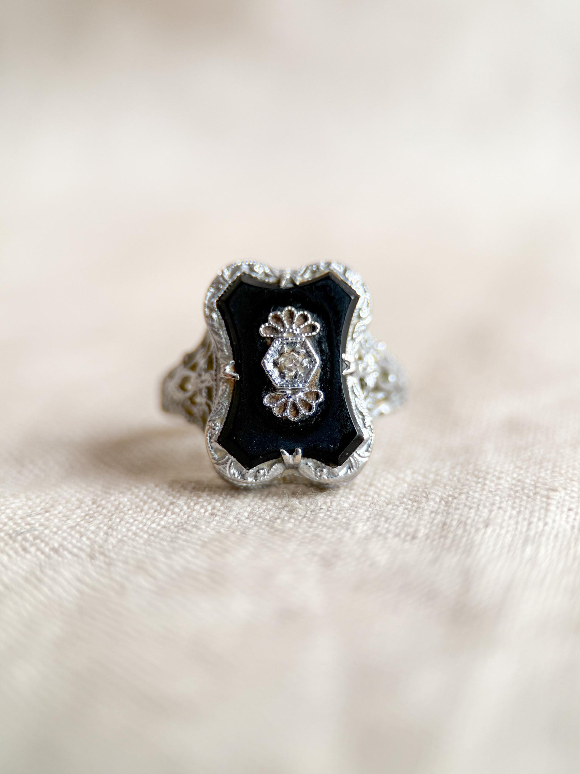 Vintage 14k White Gold Onyx & Diamond Ring: 1940s Antique Jewelry