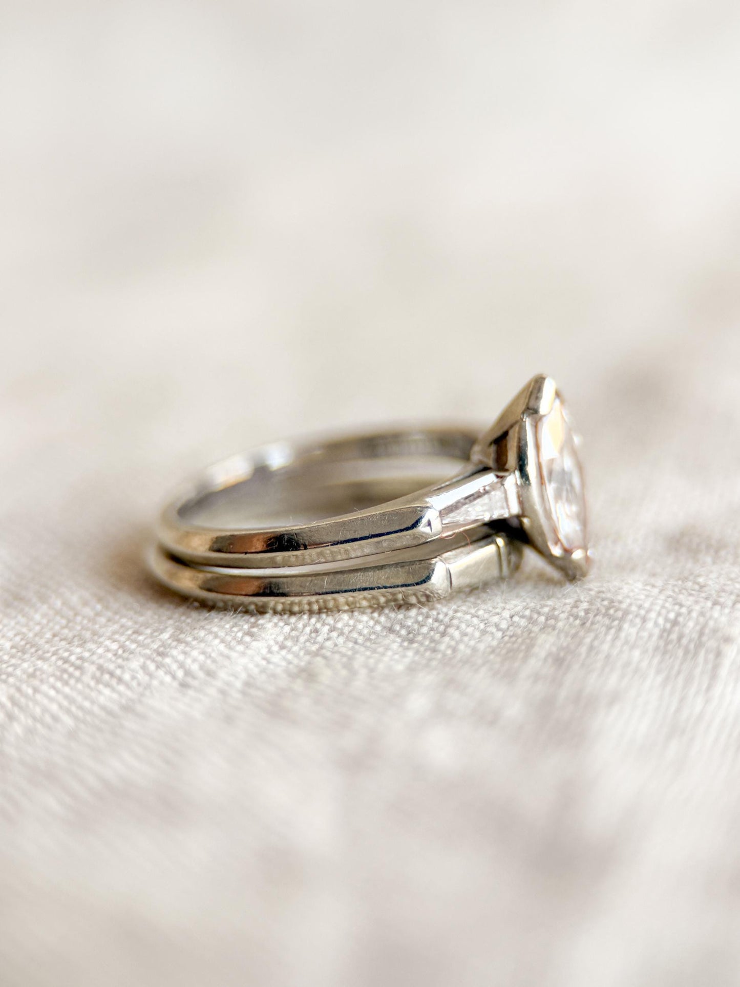 Vintage Art Deco Marquise Diamond Bridal Set, Engagement Ring & Wedding Band in 14k White Gold