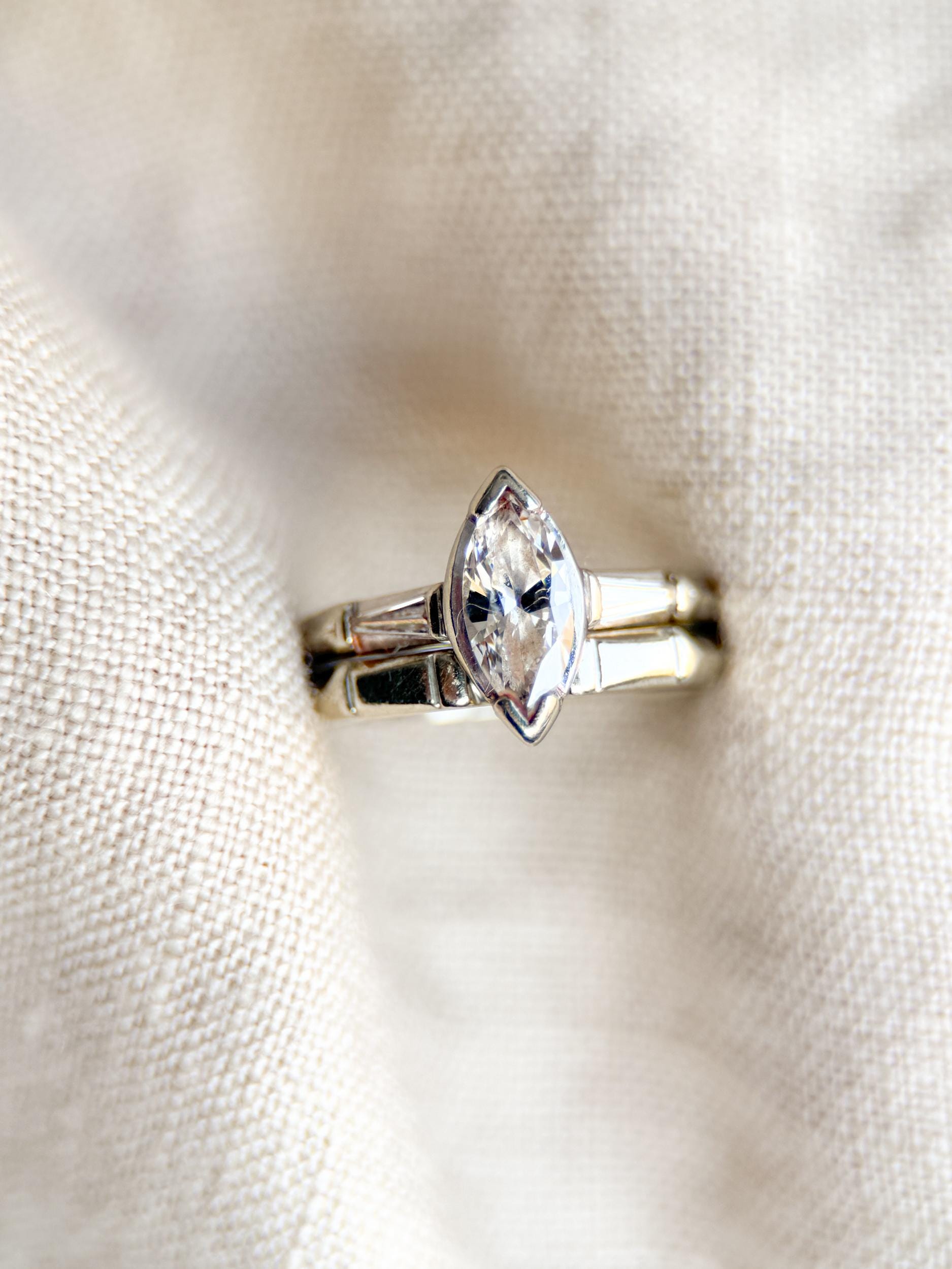 Vintage Art Deco Marquise Diamond Bridal Set, Engagement Ring & Wedding Band in 14k White Gold