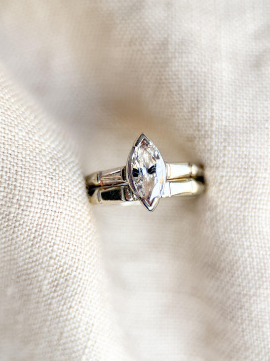 Vintage Art Deco Marquise Diamond Bridal Set, Engagement Ring & Wedding Band in 14k White Gold
