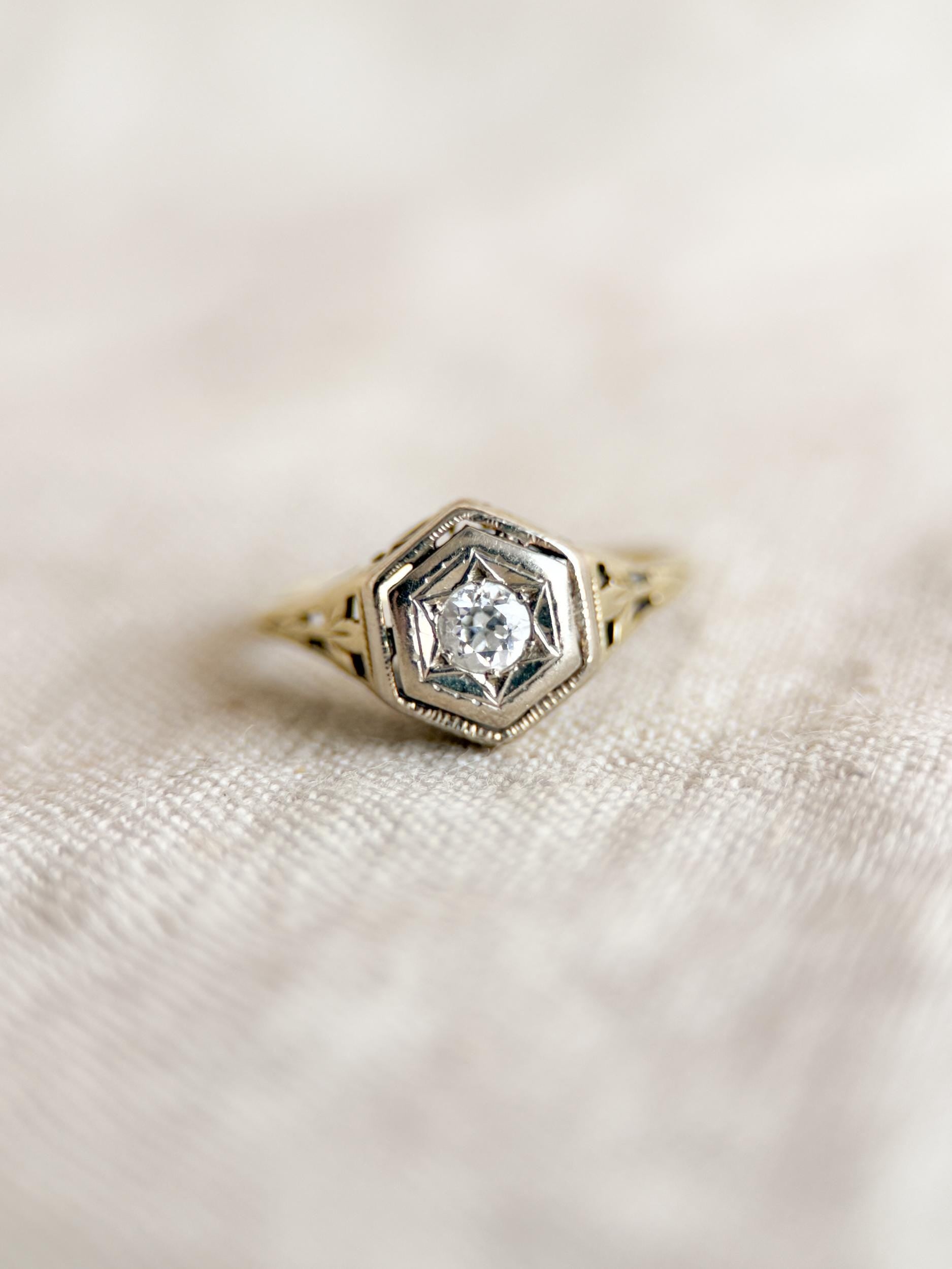 Art Deco Diamond Filigree Engagement Ring – Vintage 1930s, 14k White Gold
