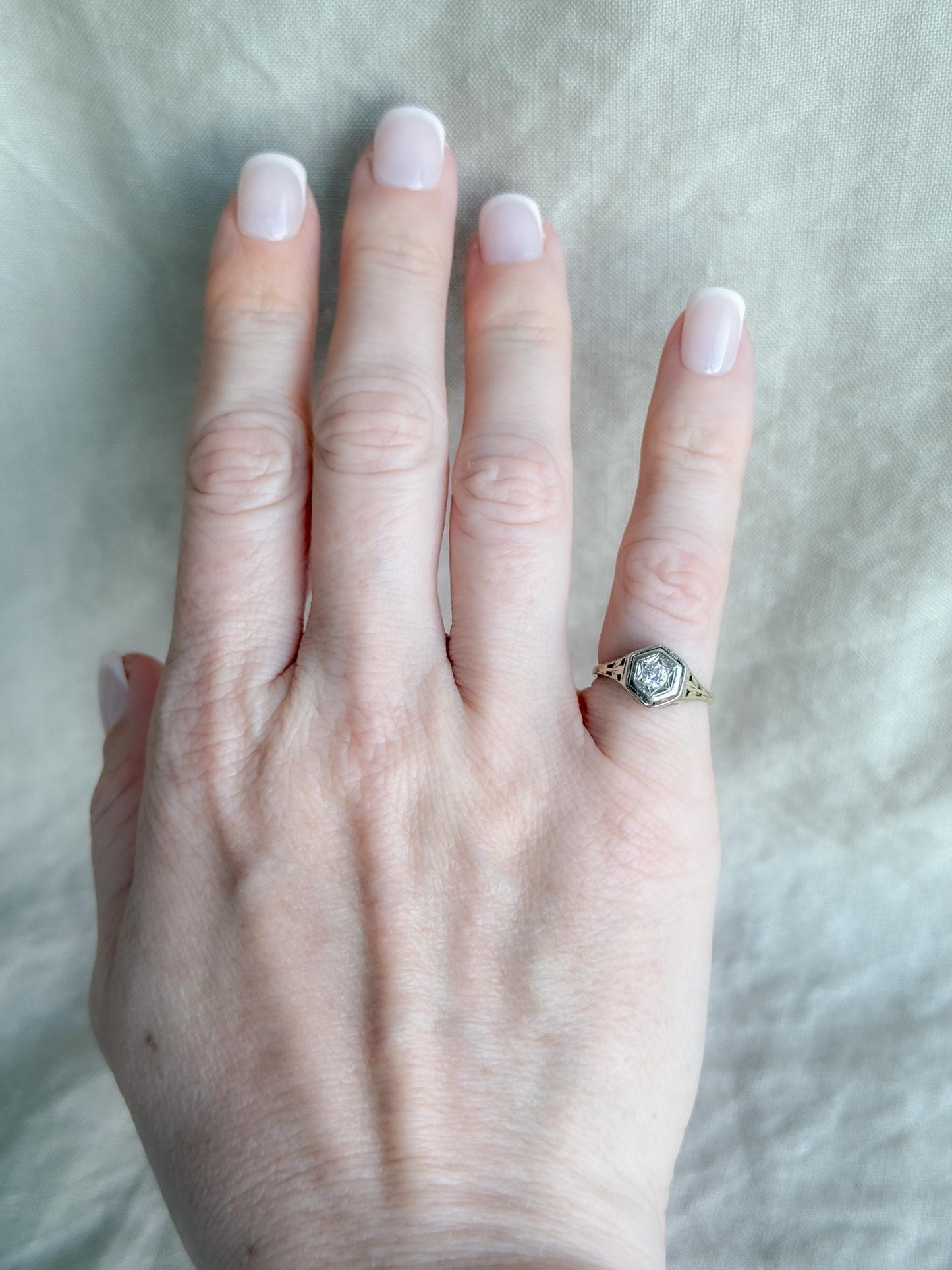Art Deco Diamond Filigree Engagement Ring – Vintage 1930s, 14k White Gold