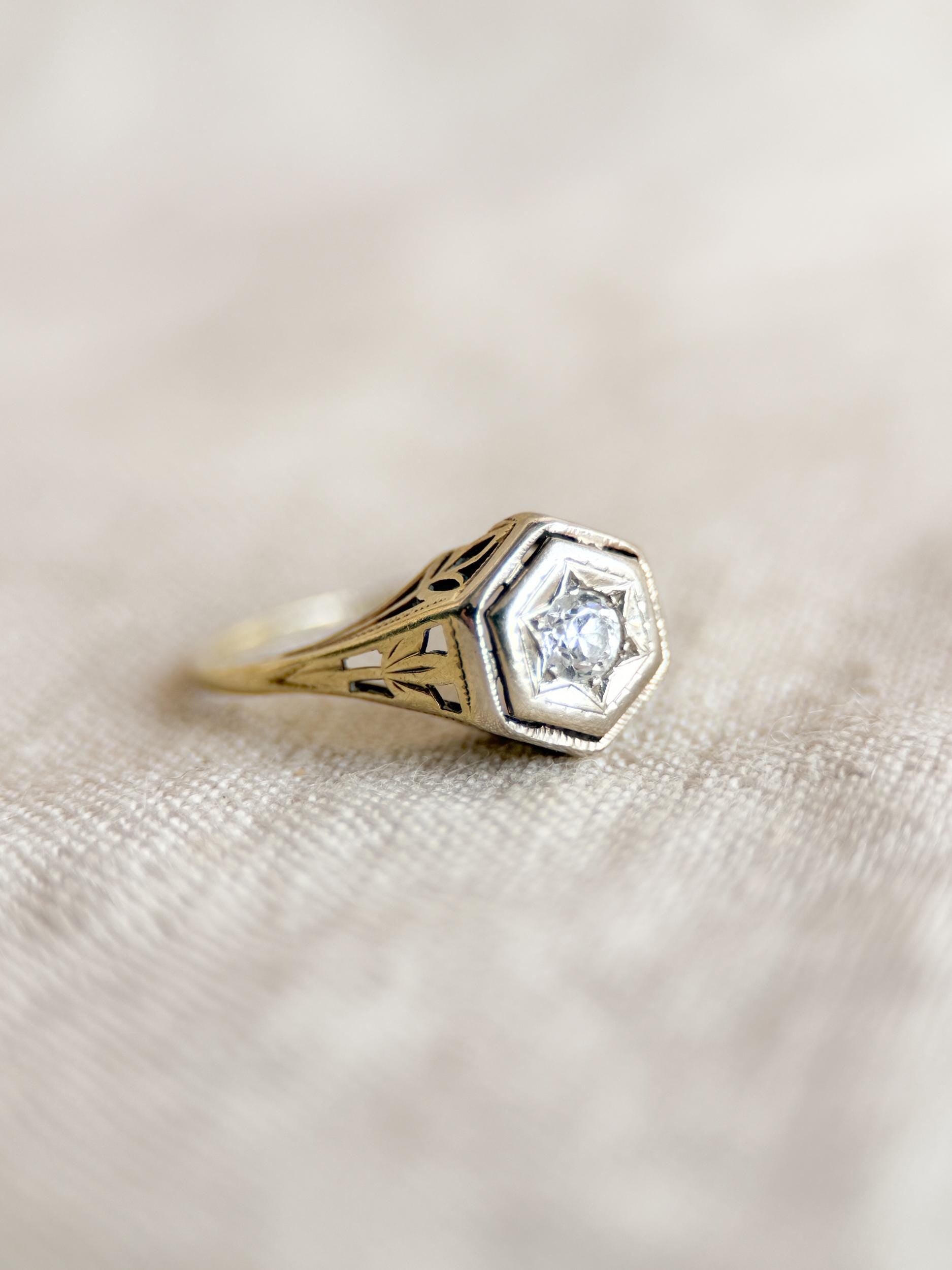 Art Deco Diamond Filigree Engagement Ring – Vintage 1930s, 14k White Gold