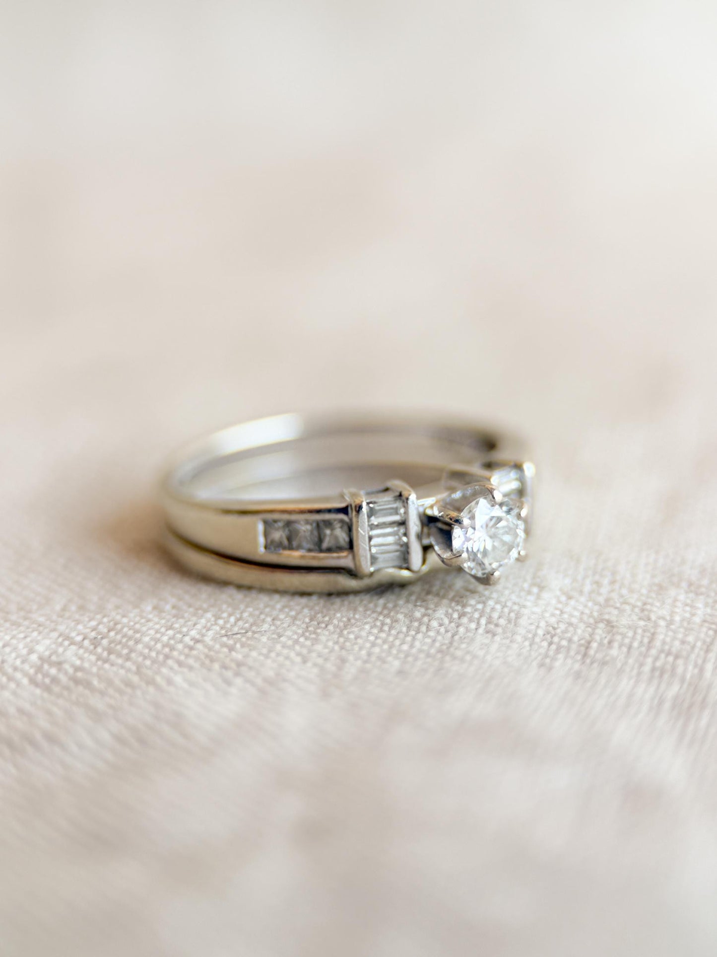 Vintage Diamond Engagement Ring & Wedding Band Set – 14k White Gold, 1990s