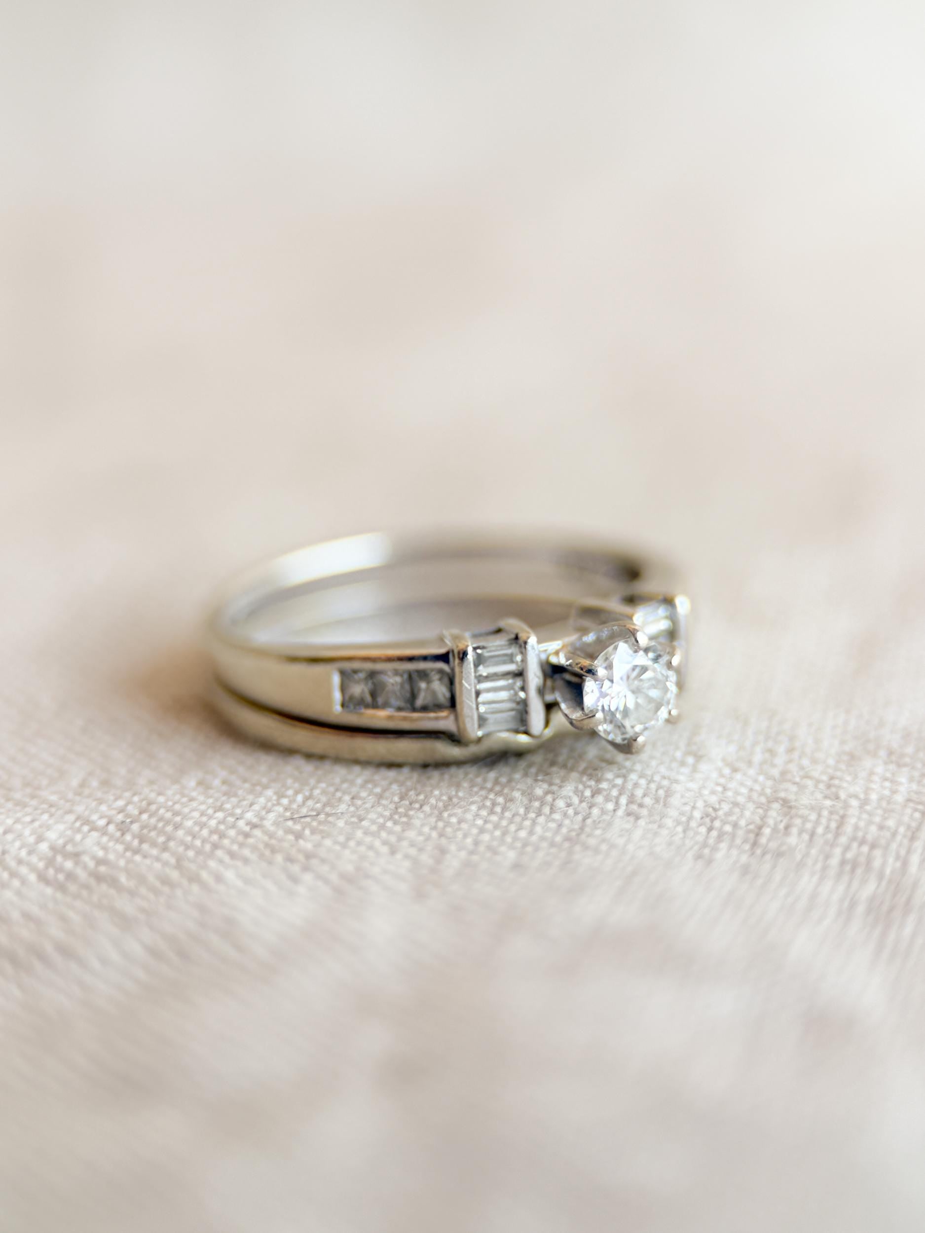 Vintage Diamond Engagement Ring & Wedding Band Set – 14k White Gold, 1990s