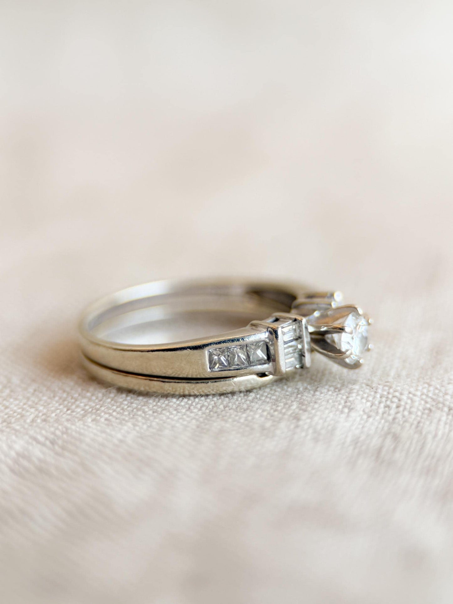 Vintage Diamond Engagement Ring & Wedding Band Set – 14k White Gold, 1990s