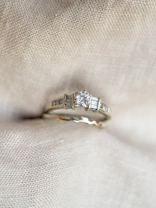 Vintage Diamond Engagement Ring & Wedding Band Set – 14k White Gold, 1990s