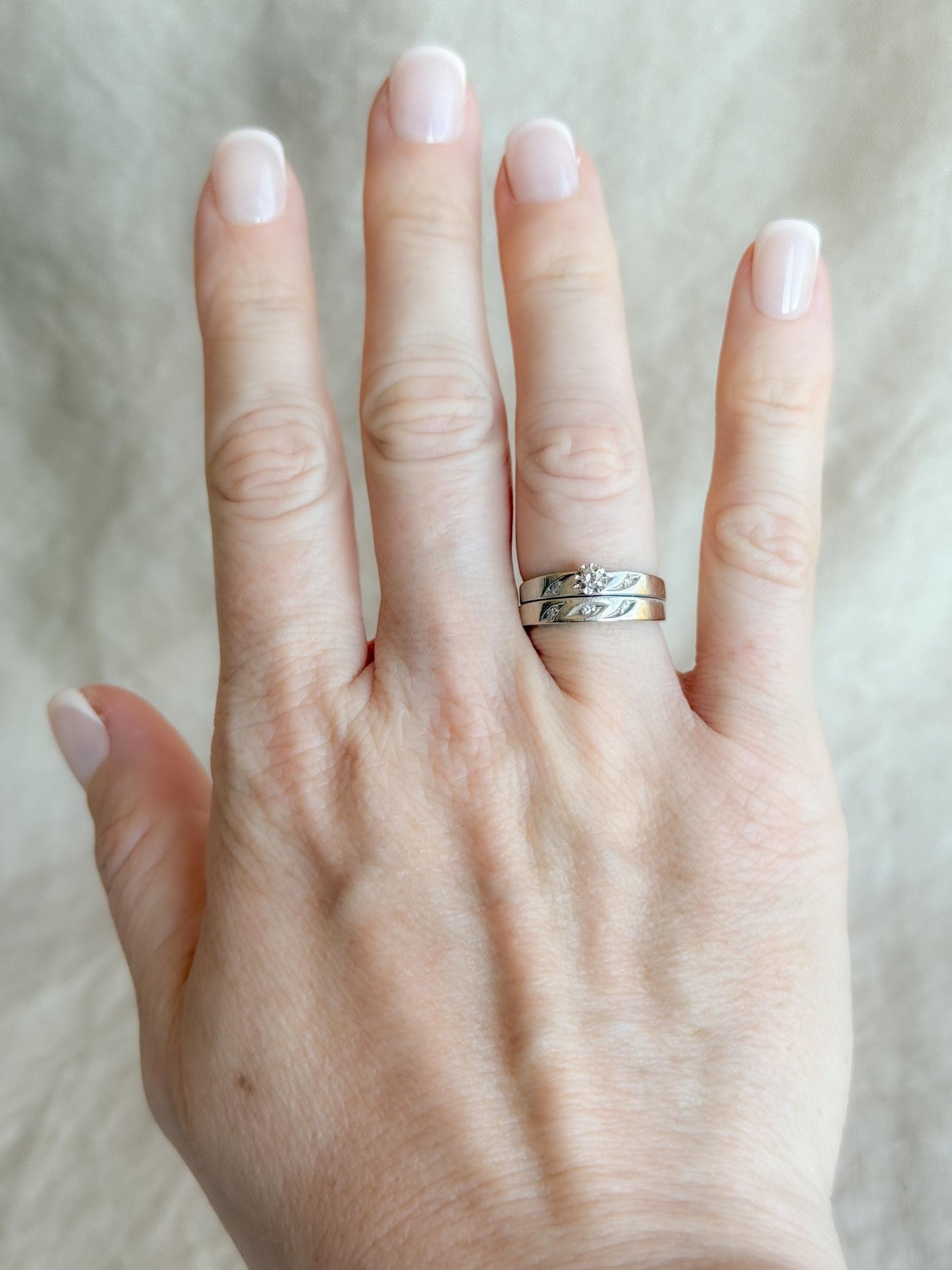 Vintage Diamond Bridal Set, Solitaire Engagement Ring and Wedding Band in 14k White Gold