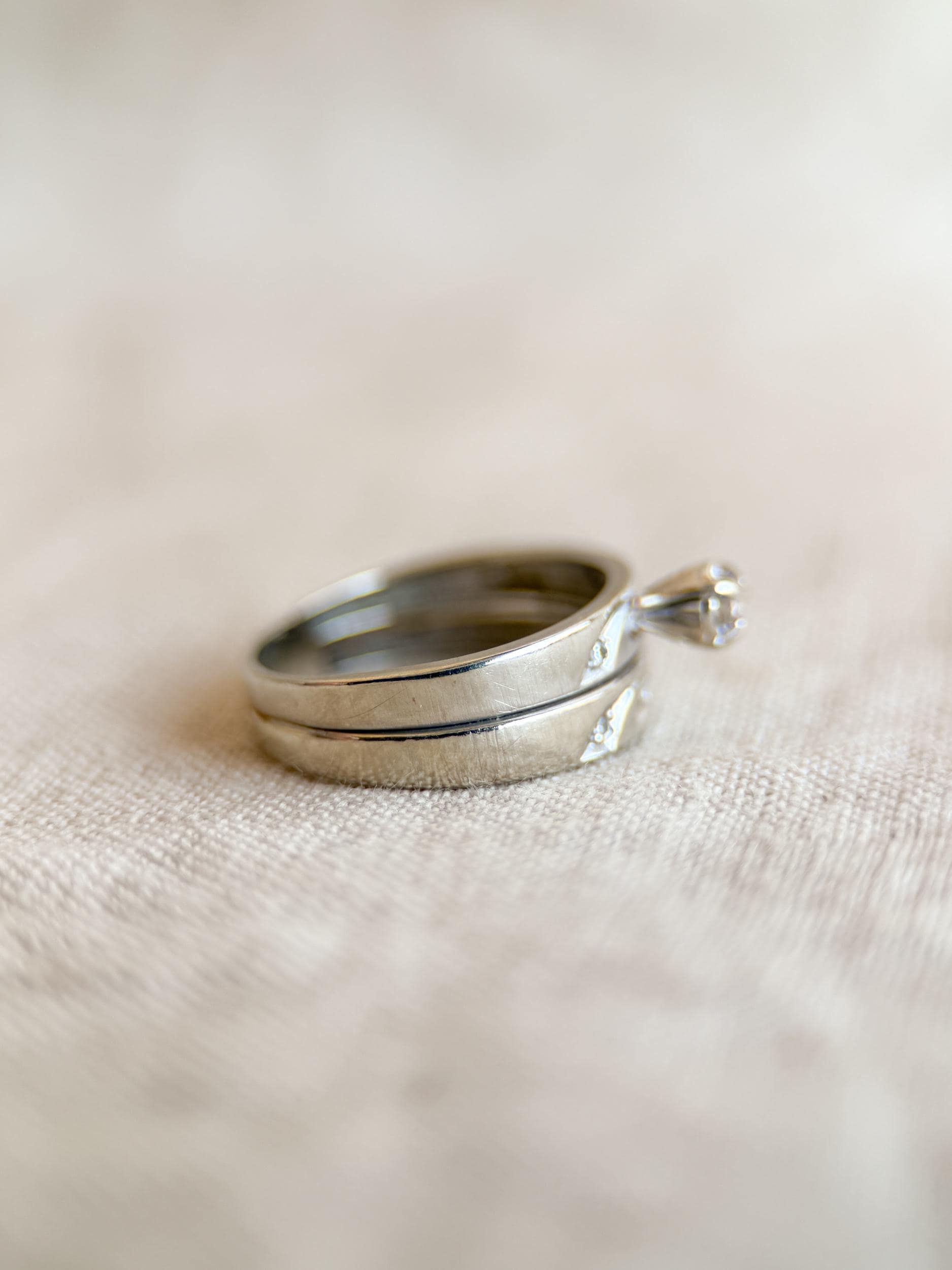 Vintage Diamond Bridal Set, Solitaire Engagement Ring and Wedding Band in 14k White Gold