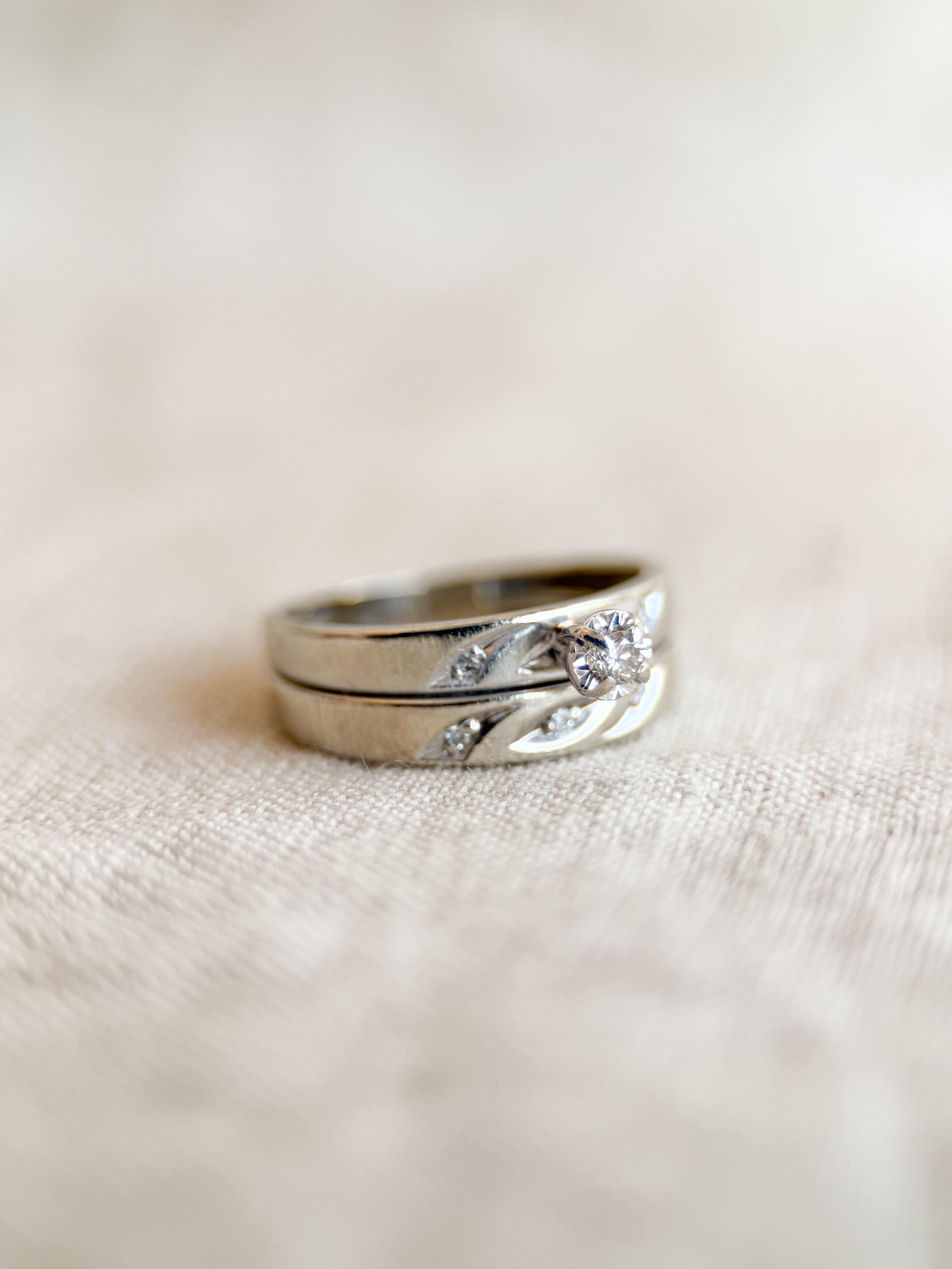 Vintage Diamond Bridal Set, Solitaire Engagement Ring and Wedding Band in 14k White Gold