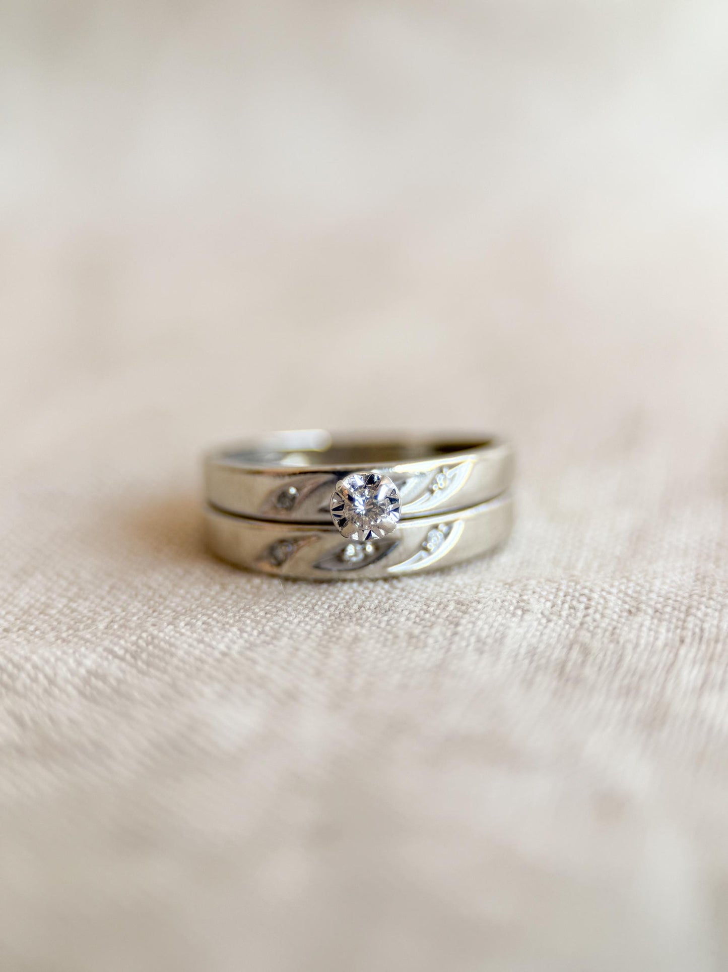 Vintage Diamond Bridal Set, Solitaire Engagement Ring and Wedding Band in 14k White Gold