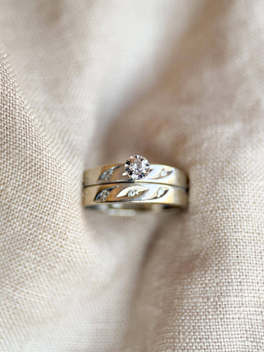 Vintage Diamond Bridal Set, Solitaire Engagement Ring and Wedding Band in 14k White Gold