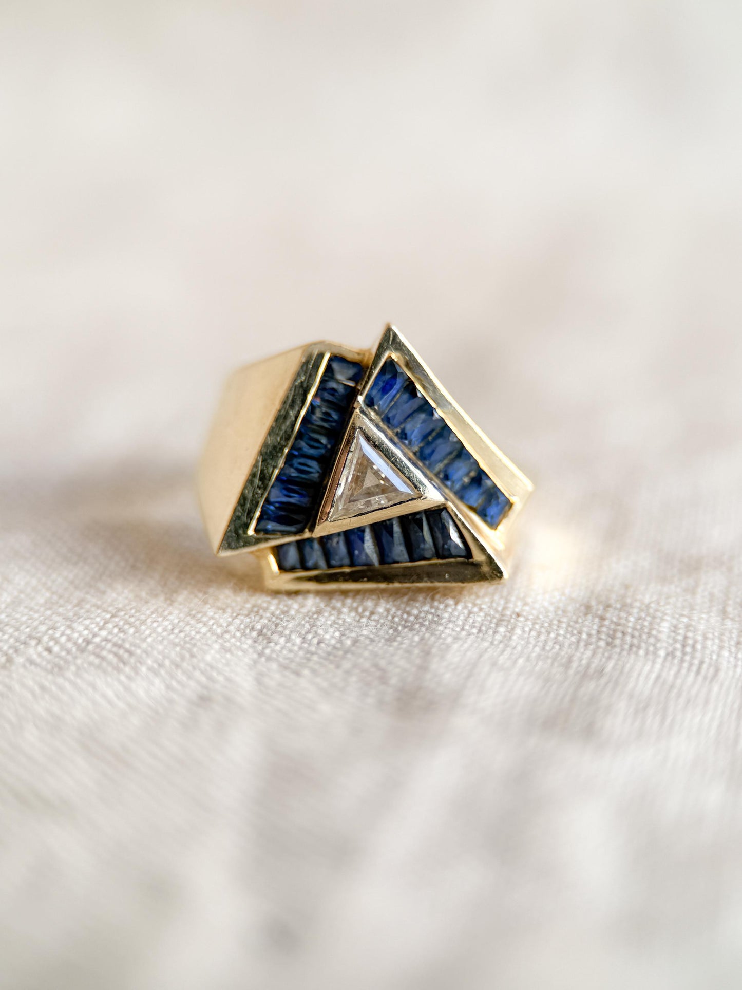 Vintage Unique Trillion Cut Diamond and Sapphire Halo Ring in 14k Gold, Retro Jewelry from the 1970s