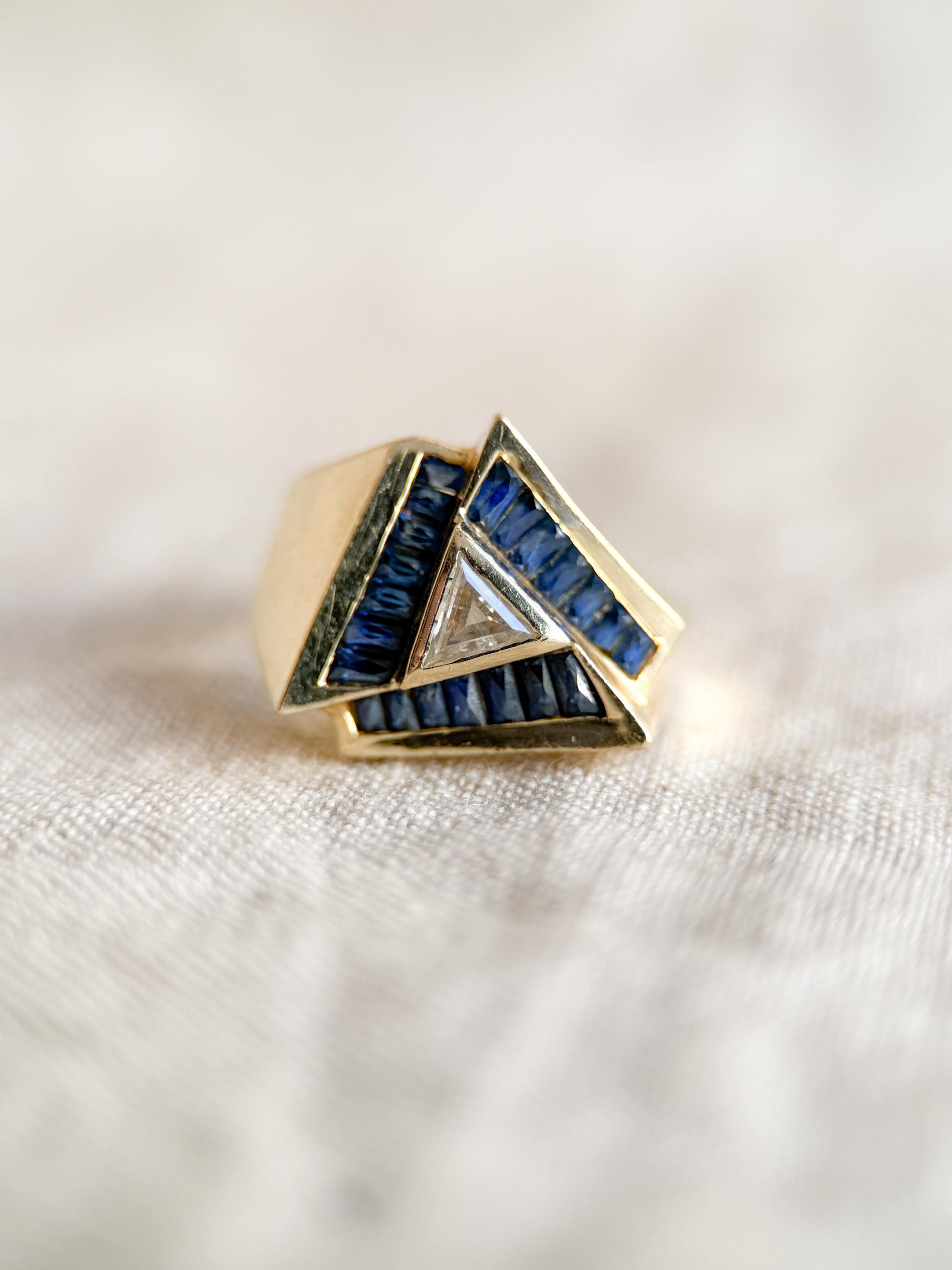 Vintage Unique Trillion Cut Diamond and Sapphire Halo Ring in 14k Gold, Retro Jewelry from the 1970s