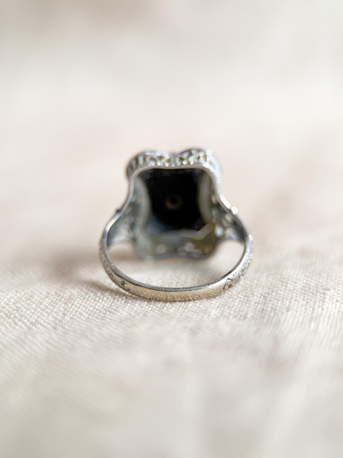 Vintage 14k White Gold Onyx & Diamond Ring: 1940s Antique Jewelry