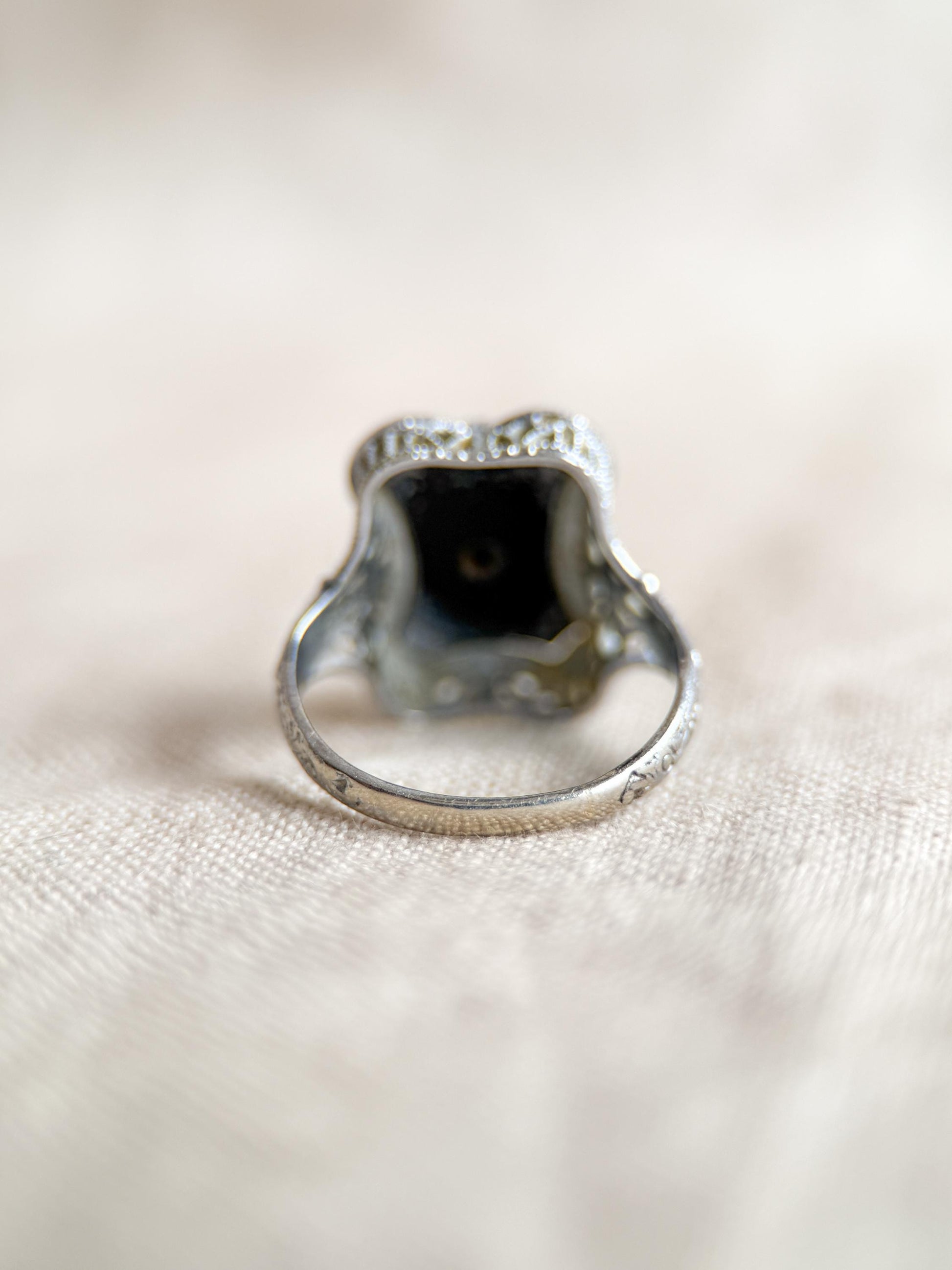 Vintage 14k White Gold Onyx & Diamond Ring: 1940s Antique Jewelry