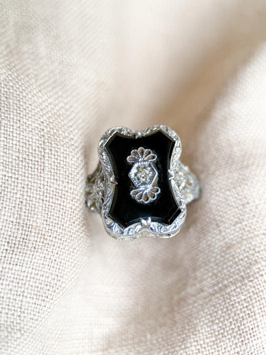 Vintage 14k White Gold Onyx & Diamond Ring: 1940s Antique Jewelry