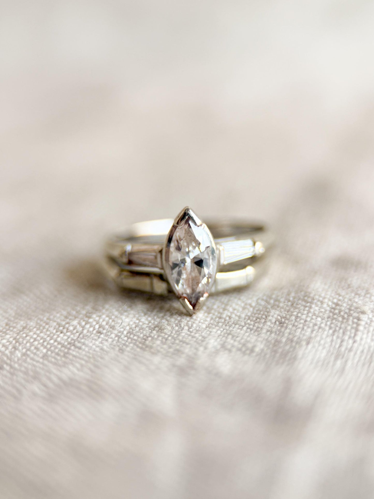 Vintage Art Deco Marquise Diamond Bridal Set, Engagement Ring & Wedding Band in 14k White Gold