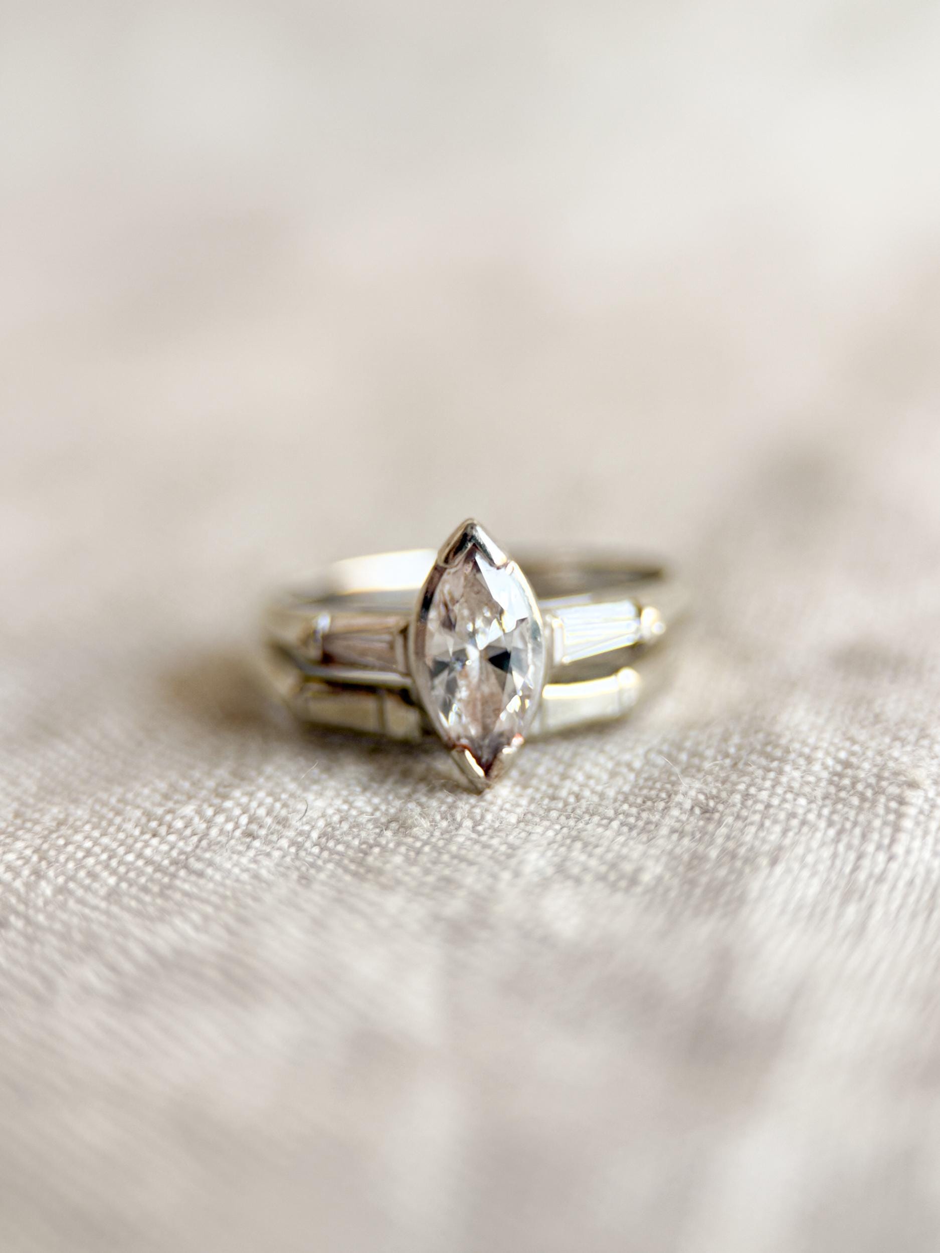 Vintage Art Deco Marquise Diamond Bridal Set, Engagement Ring & Wedding Band in 14k White Gold