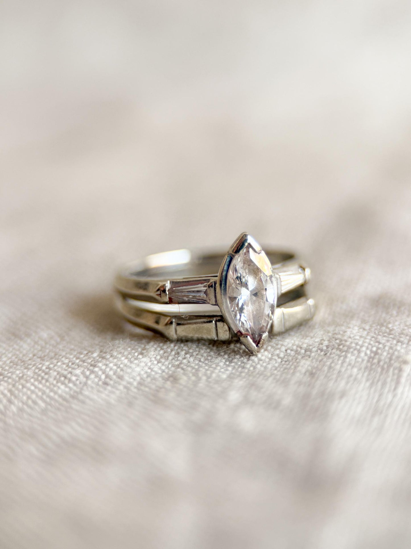Vintage Art Deco Marquise Diamond Bridal Set, Engagement Ring & Wedding Band in 14k White Gold
