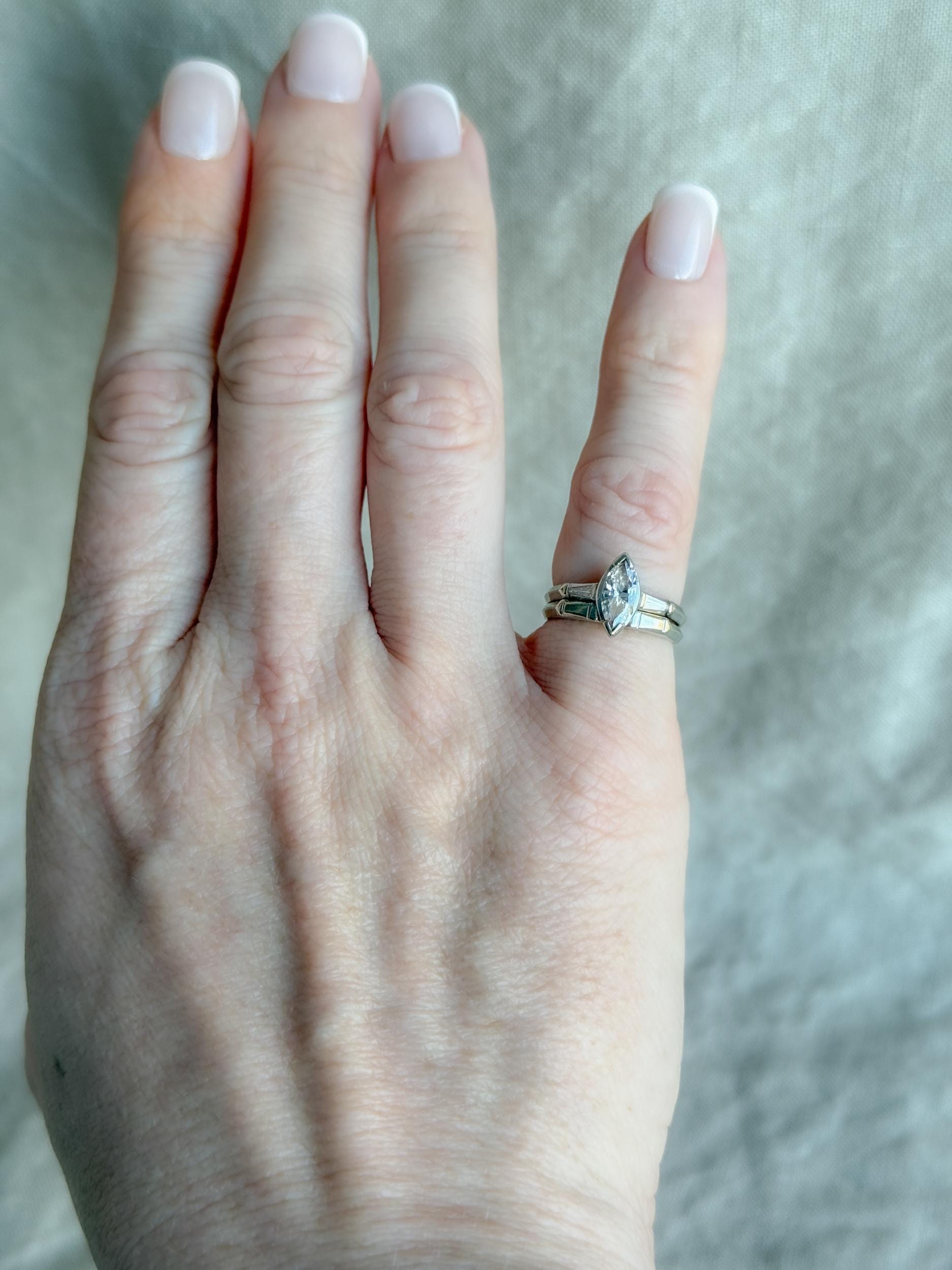 Vintage Art Deco Marquise Diamond Bridal Set, Engagement Ring & Wedding Band in 14k White Gold