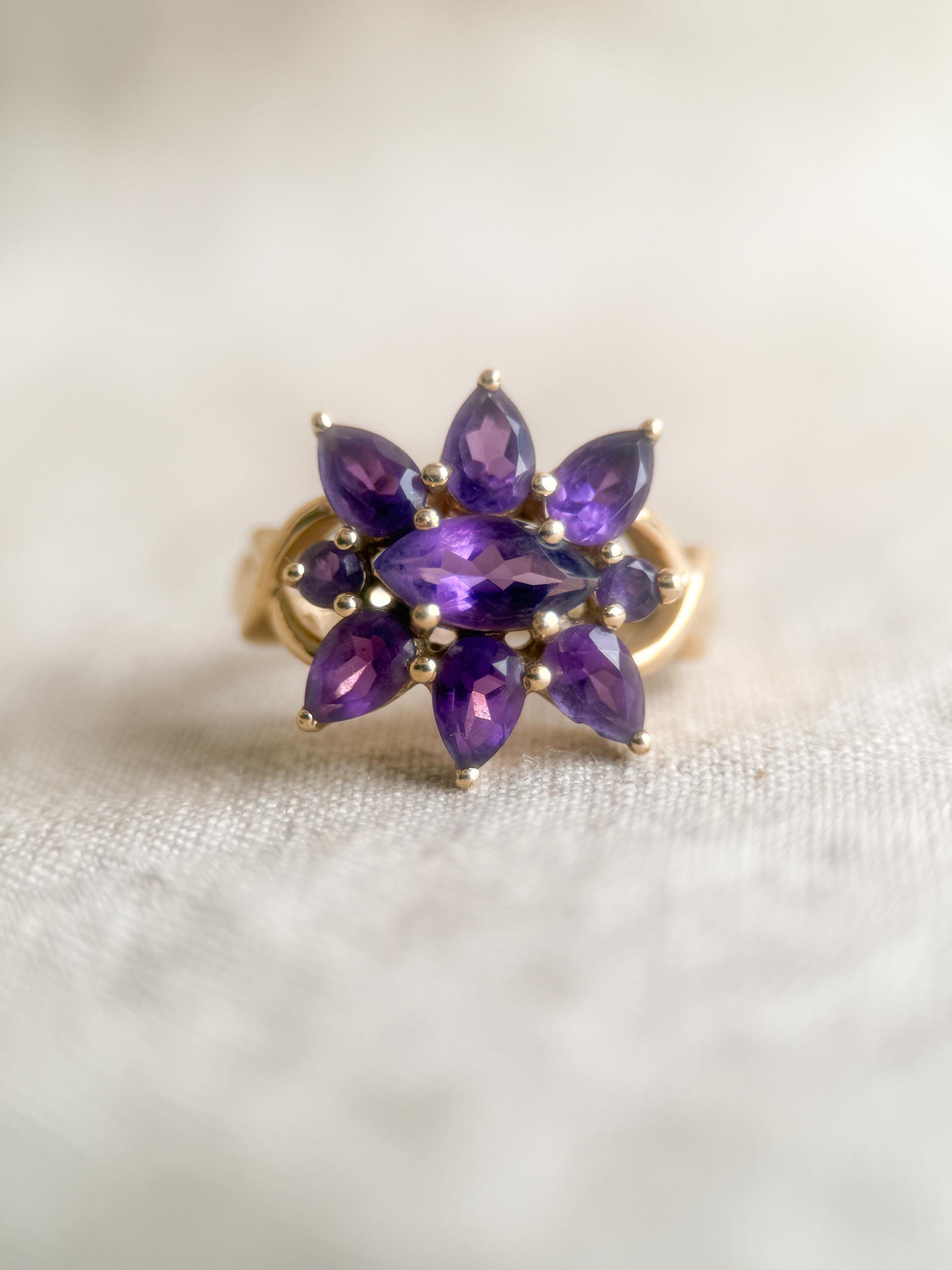 Vintage 1970s Amethyst Cluster Ring: 14k Gold Retro Statement Piece, Purple Gemstone Jewelry