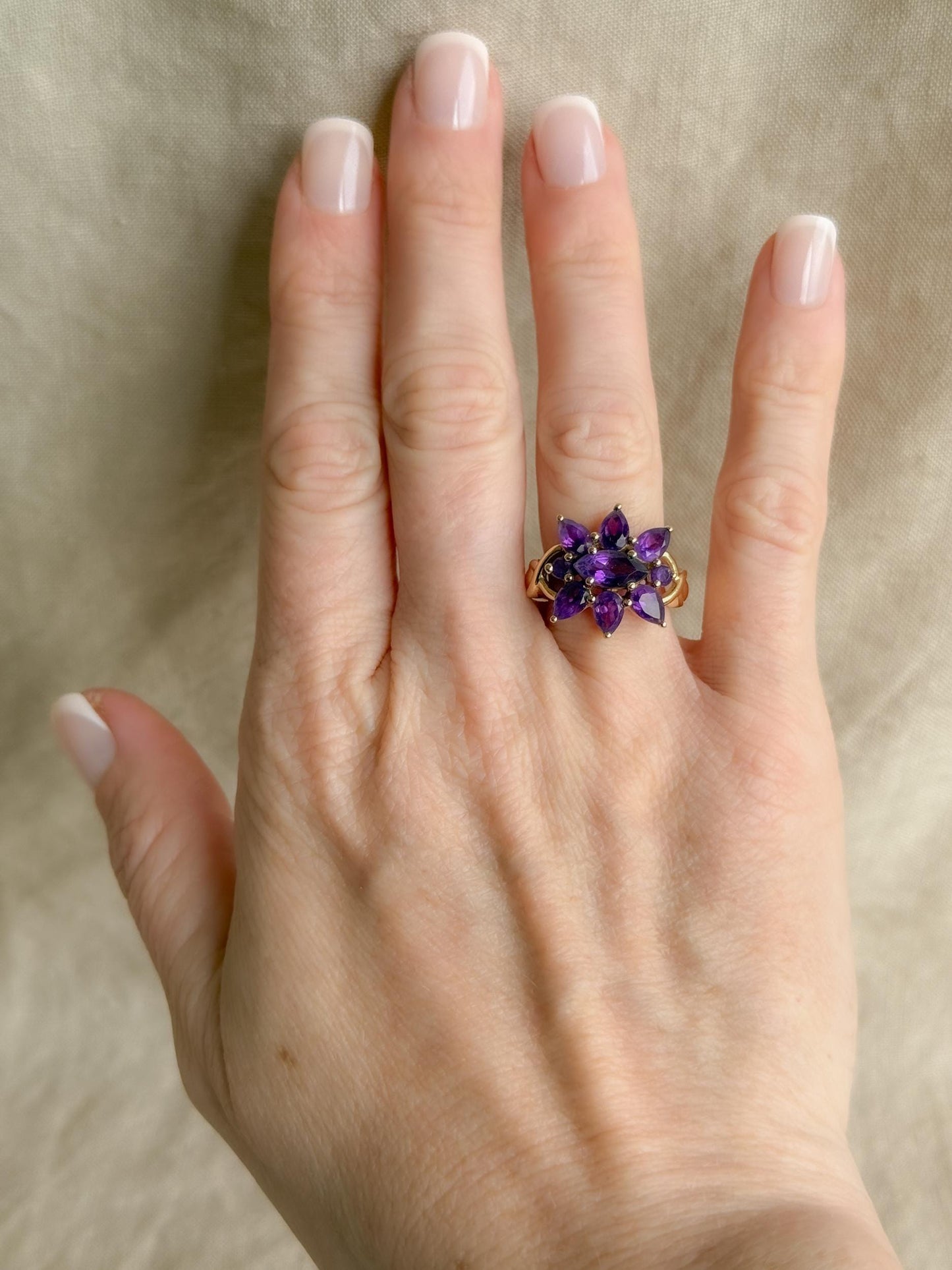 Vintage 1970s Amethyst Cluster Ring: 14k Gold Retro Statement Piece, Purple Gemstone Jewelry