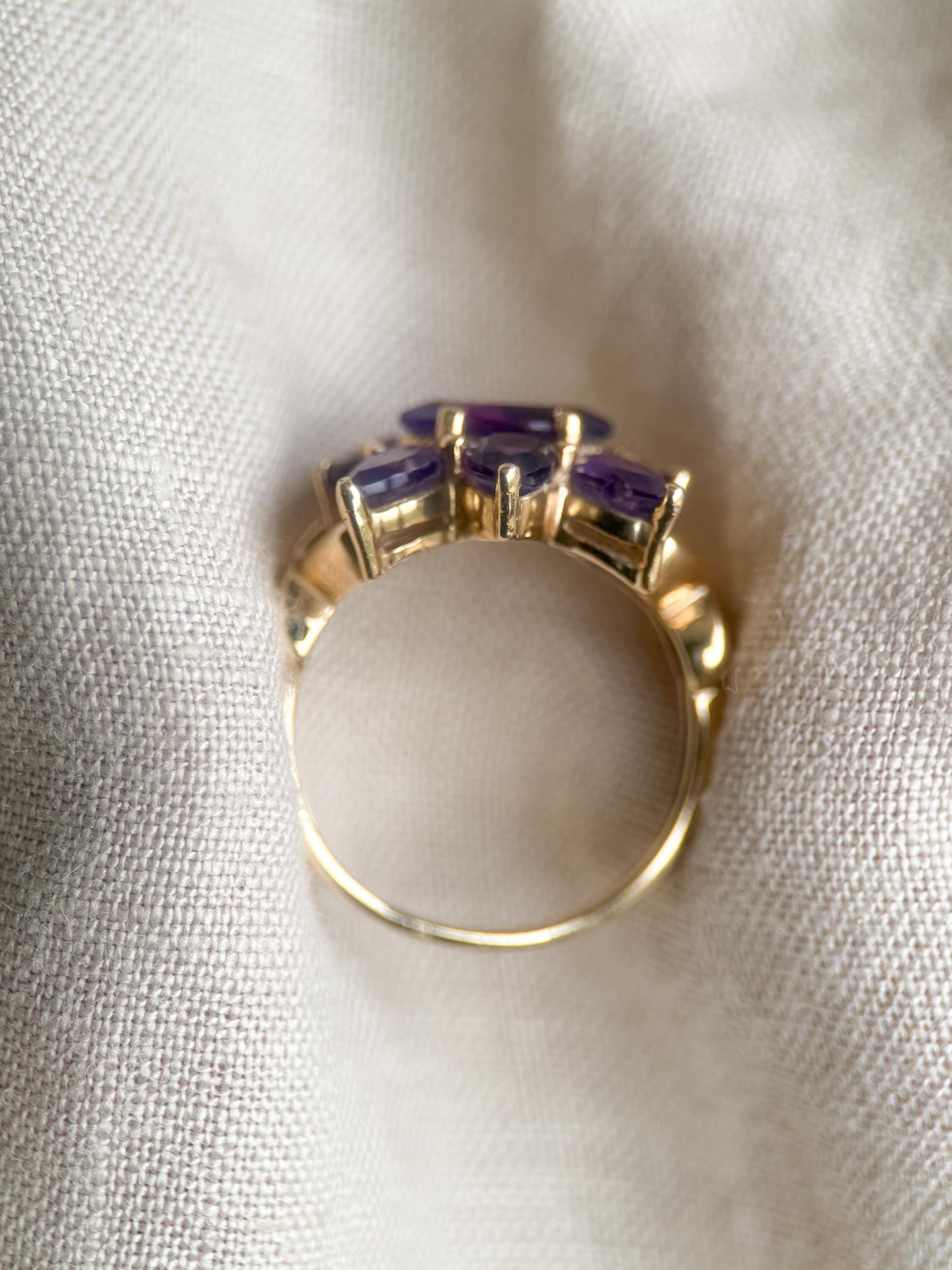 Vintage 1970s Amethyst Cluster Ring: 14k Gold Retro Statement Piece, Purple Gemstone Jewelry