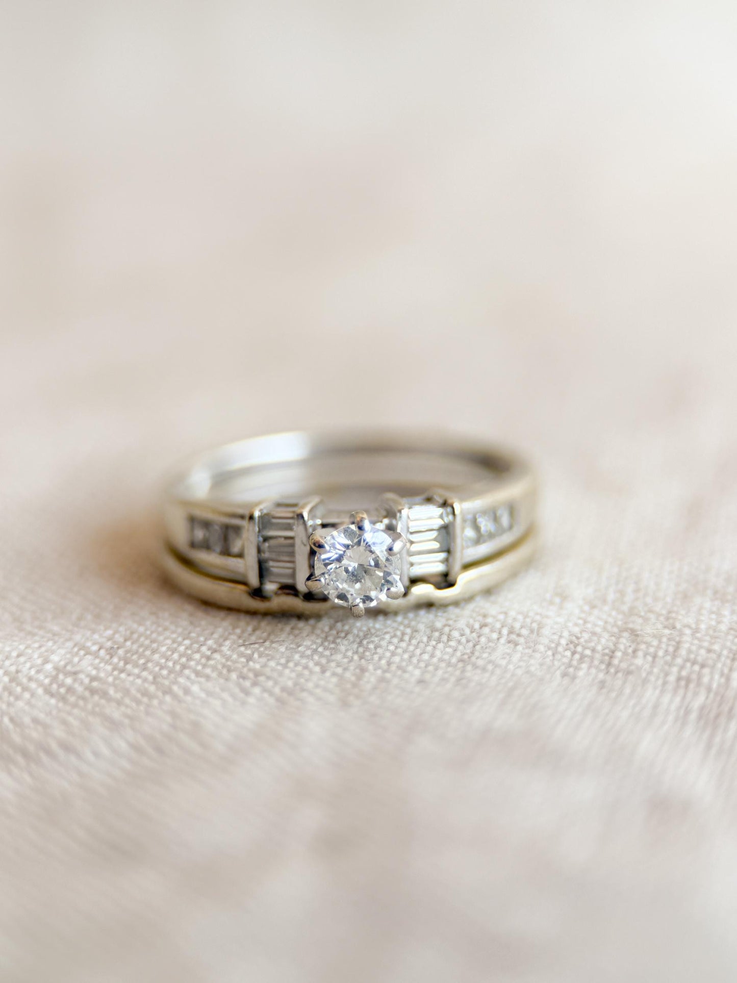 Vintage Diamond Engagement Ring & Wedding Band Set – 14k White Gold, 1990s