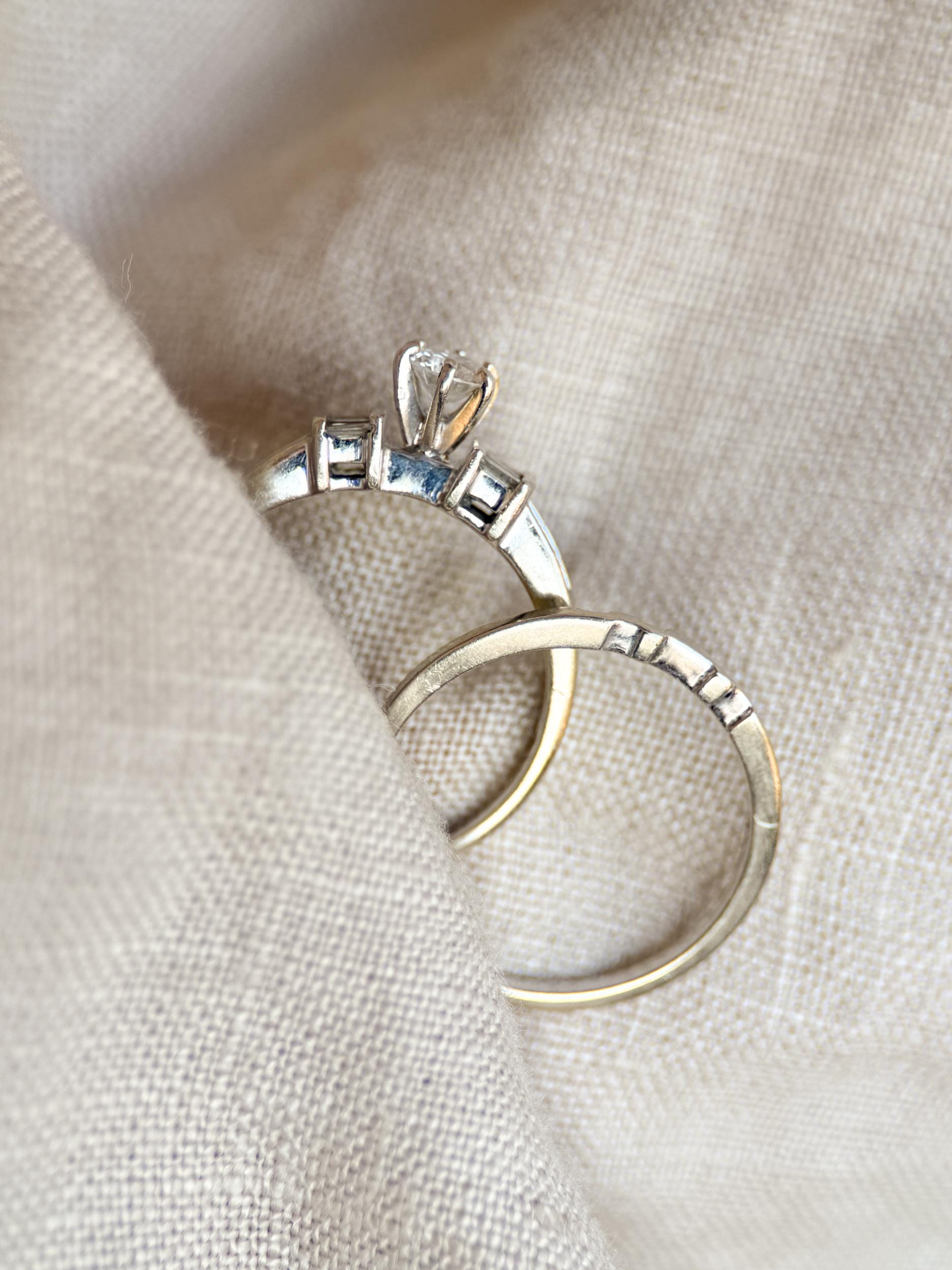 Vintage Diamond Engagement Ring & Wedding Band Set – 14k White Gold, 1990s