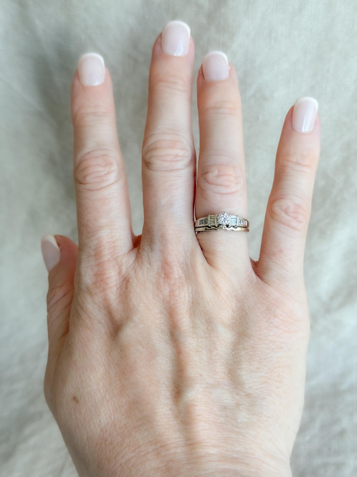 Vintage Diamond Engagement Ring & Wedding Band Set – 14k White Gold, 1990s