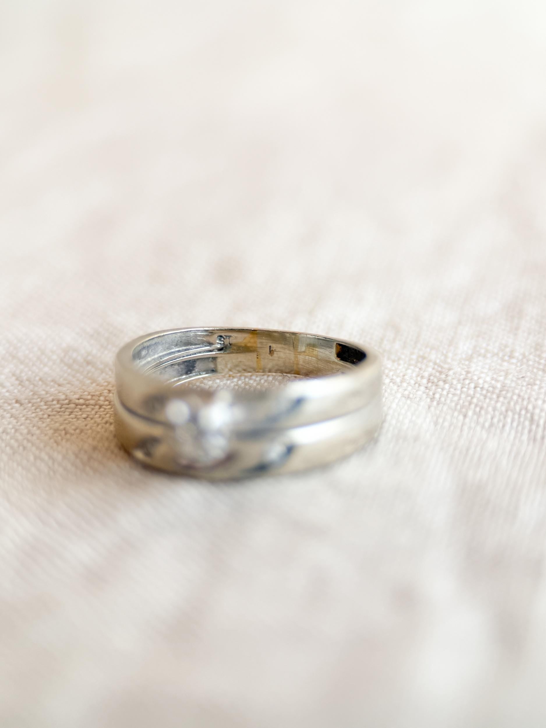 Vintage Diamond Bridal Set, Solitaire Engagement Ring and Wedding Band in 14k White Gold