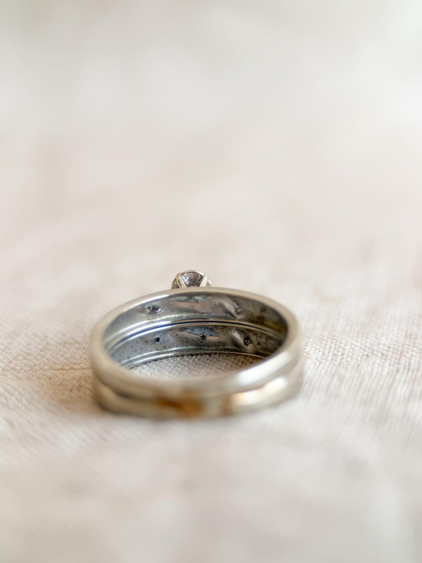 Vintage Diamond Bridal Set, Solitaire Engagement Ring and Wedding Band in 14k White Gold