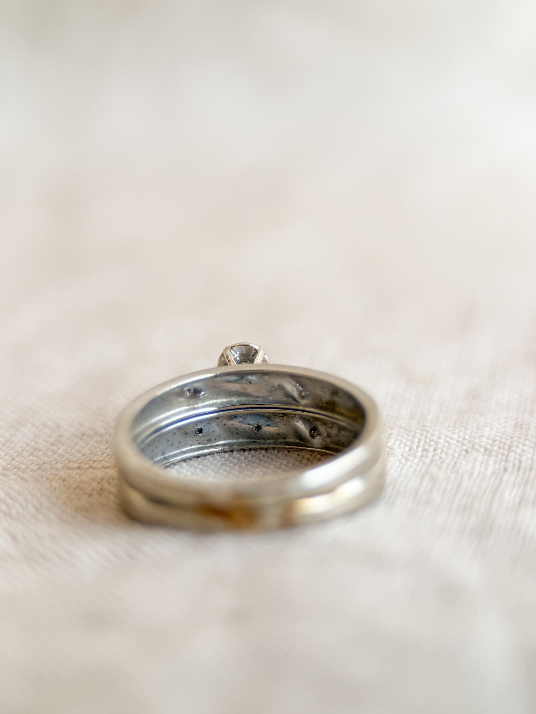 Vintage Diamond Bridal Set, Solitaire Engagement Ring and Wedding Band in 14k White Gold