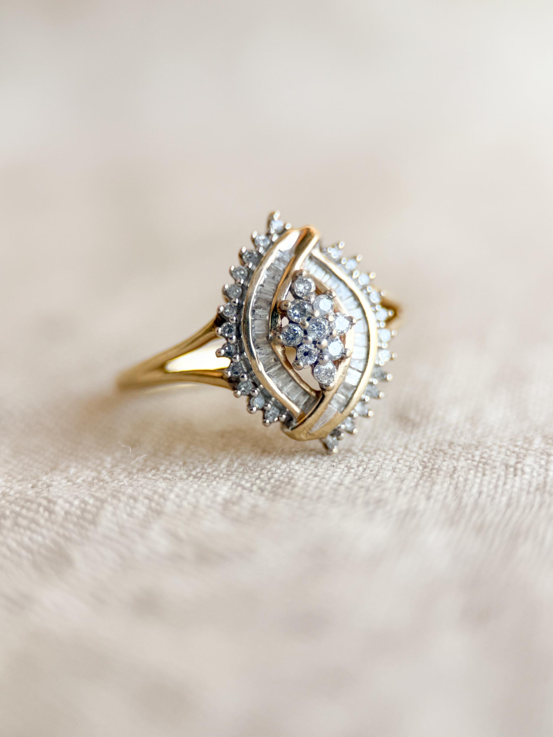 Vintage 1990s Marquise Diamond Cluster Engagement Ring - 10k Gold Retro Heirloom Statement Jewelry