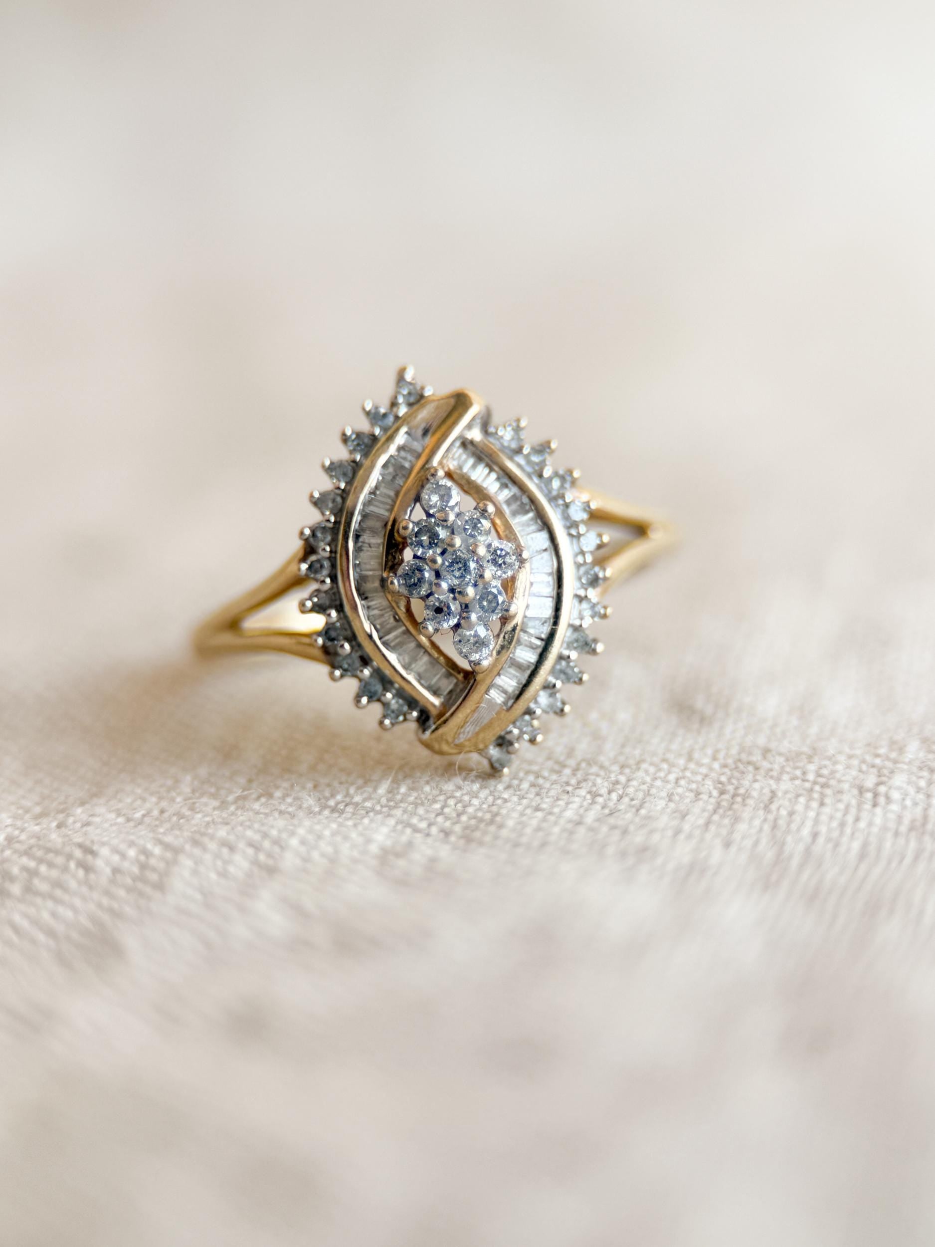 Vintage 1990s Marquise Diamond Cluster Engagement Ring - 10k Gold Retro Heirloom Statement Jewelry