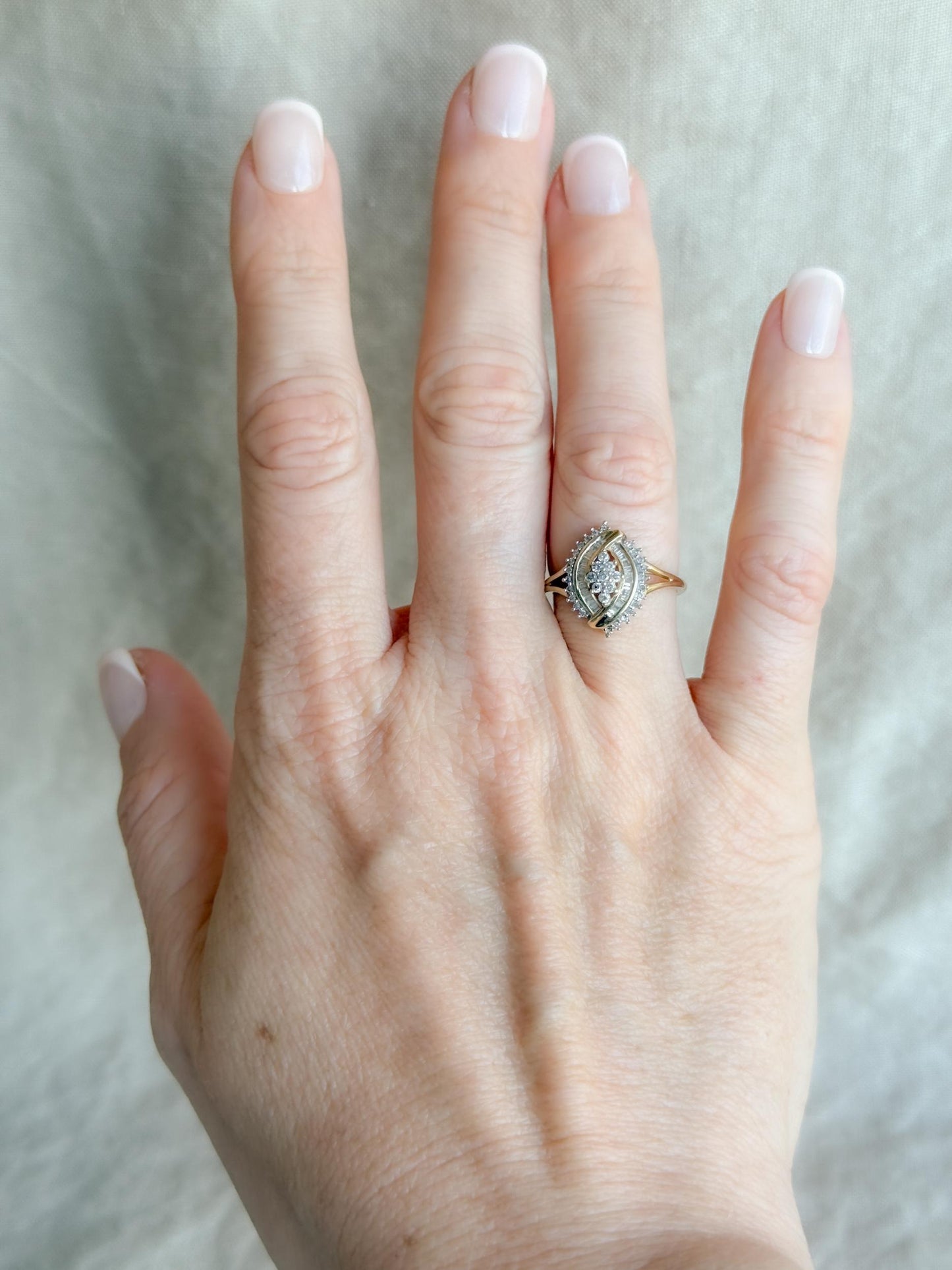 Vintage 1990s Marquise Diamond Cluster Engagement Ring - 10k Gold Retro Heirloom Statement Jewelry